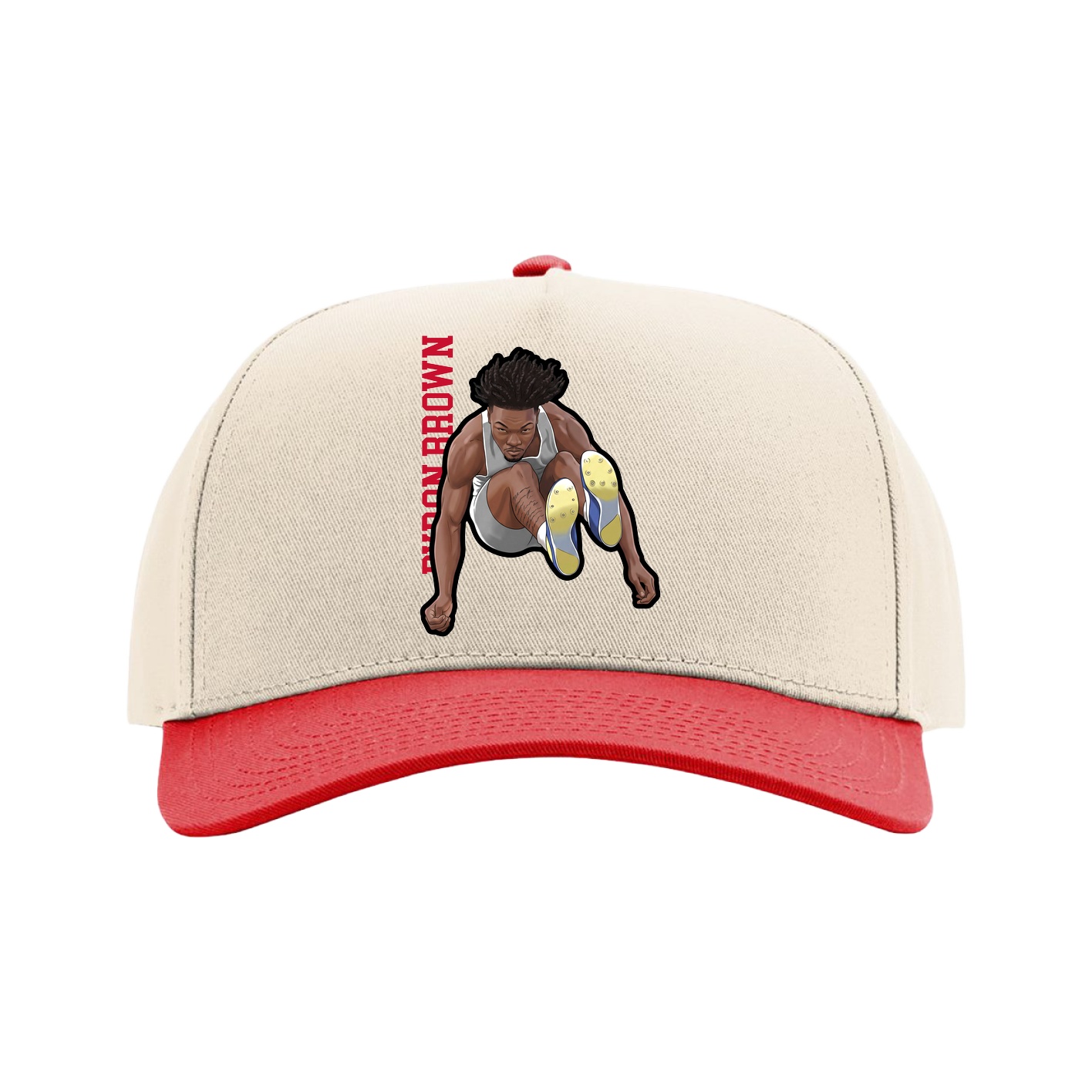 Full Fabric Five-Panel Champ Cap — Name Vertical in Cream/Red