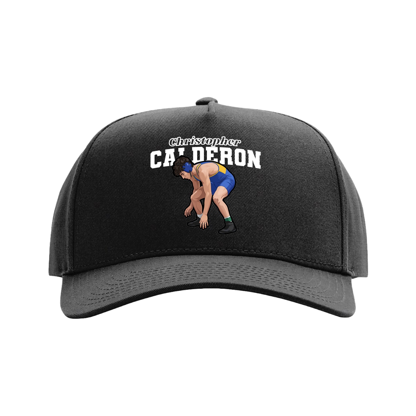 Full Fabric Five-Panel Champ Cap — Name Arch in Black