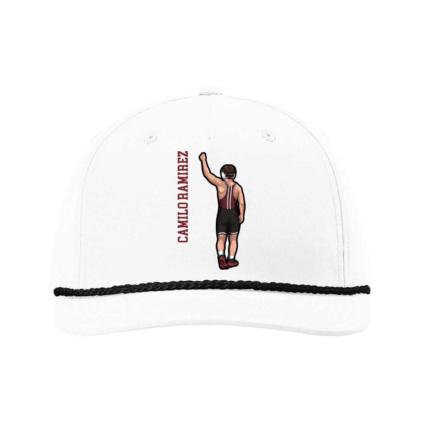 Five-Panel Classic Rope Cap — Name Vertical in White