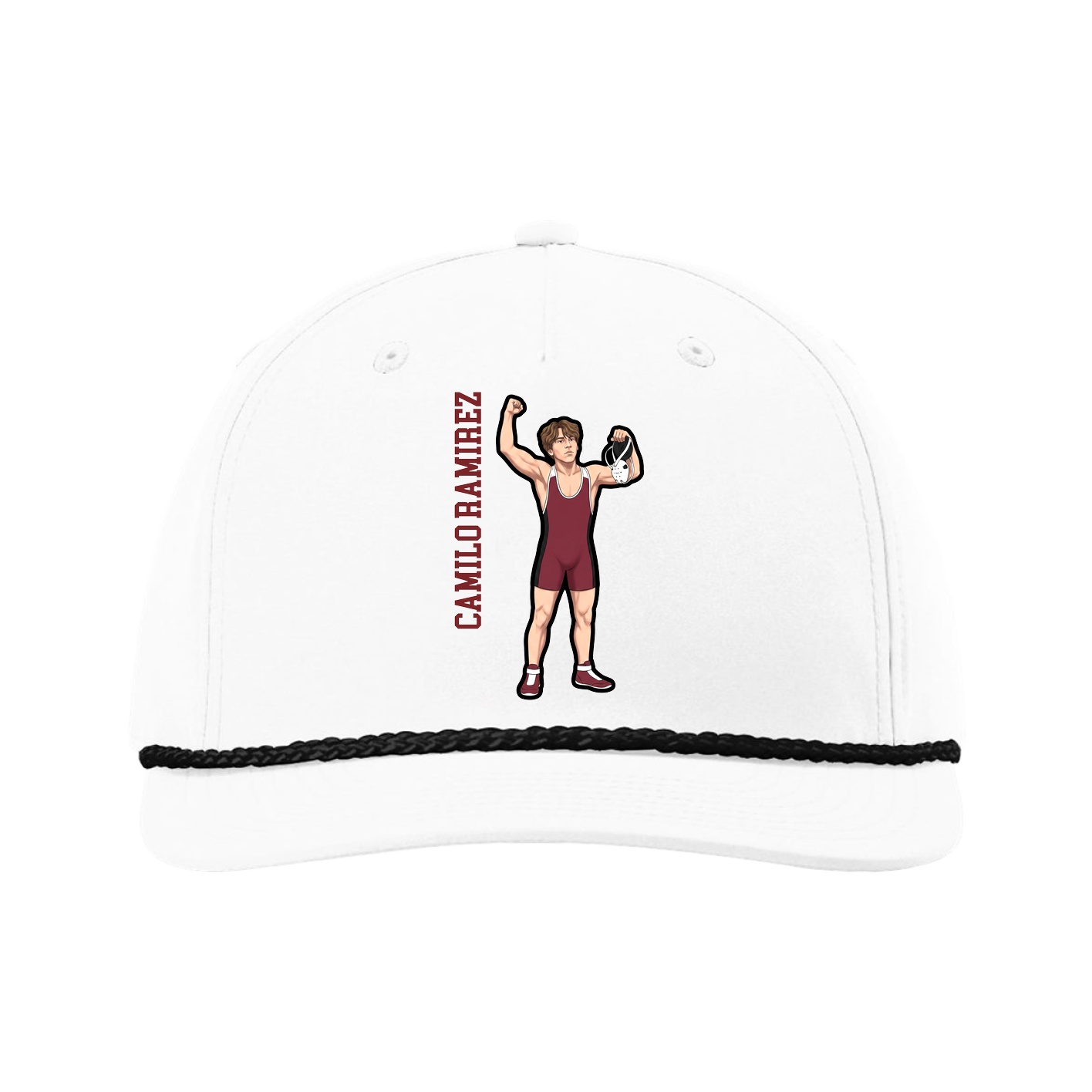Five-Panel Classic Rope Cap — Name Vertical in White
