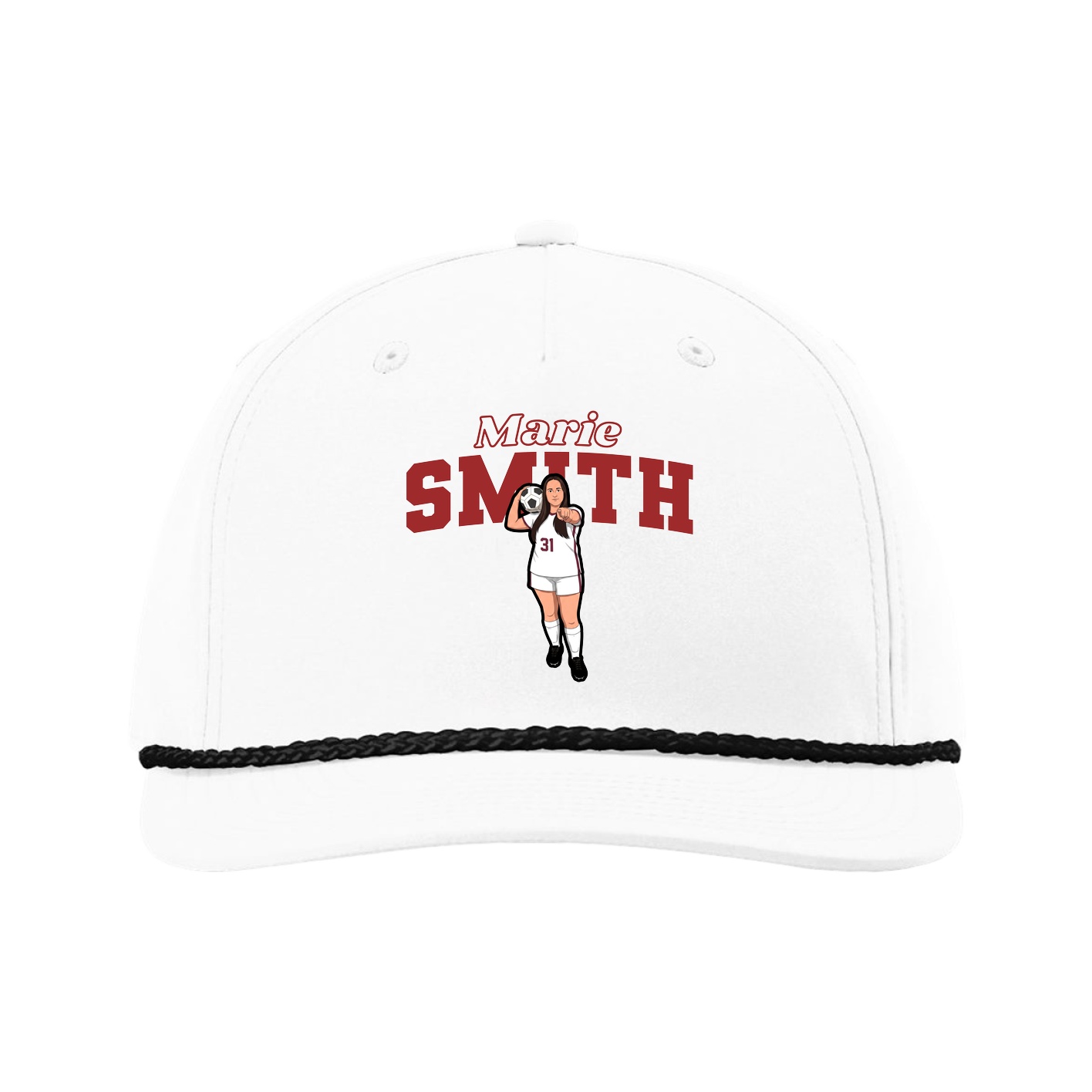 Five-Panel Classic Rope Cap — Name Arch in White