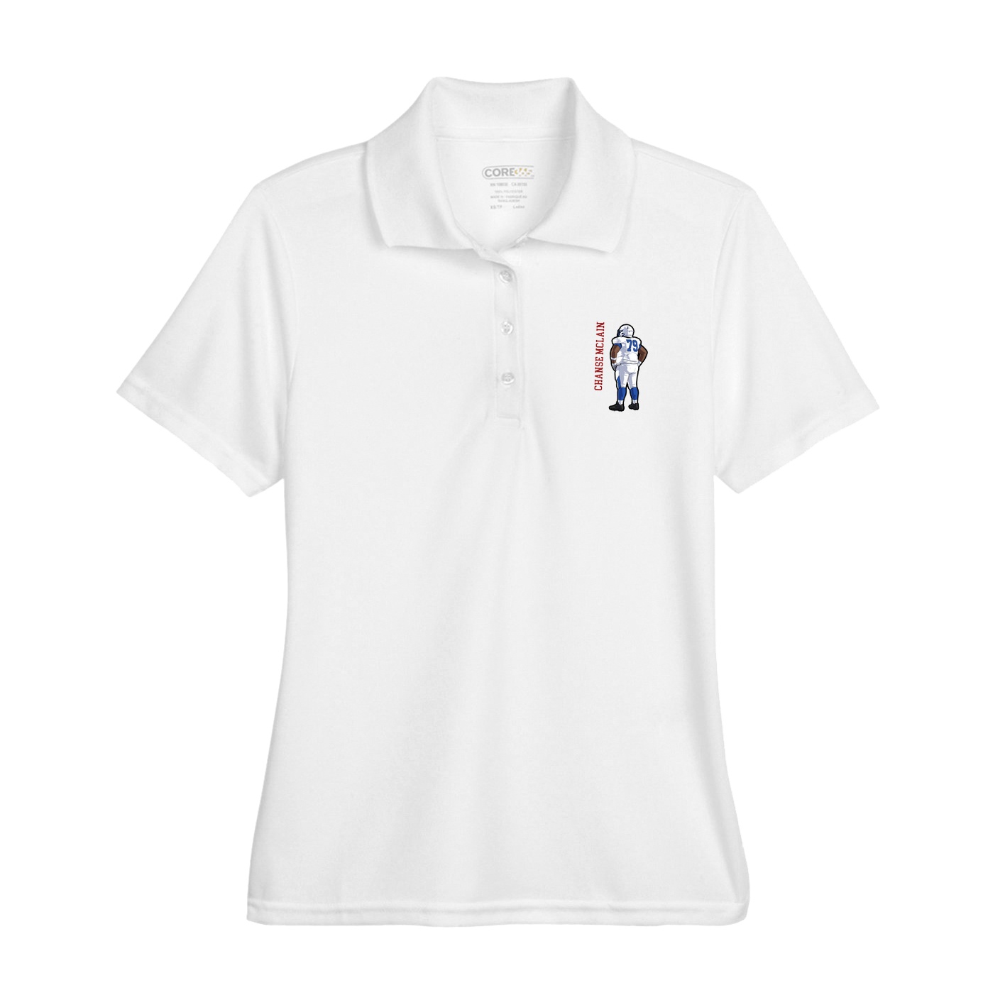 Womens Performance Polo — Name Vertical in White