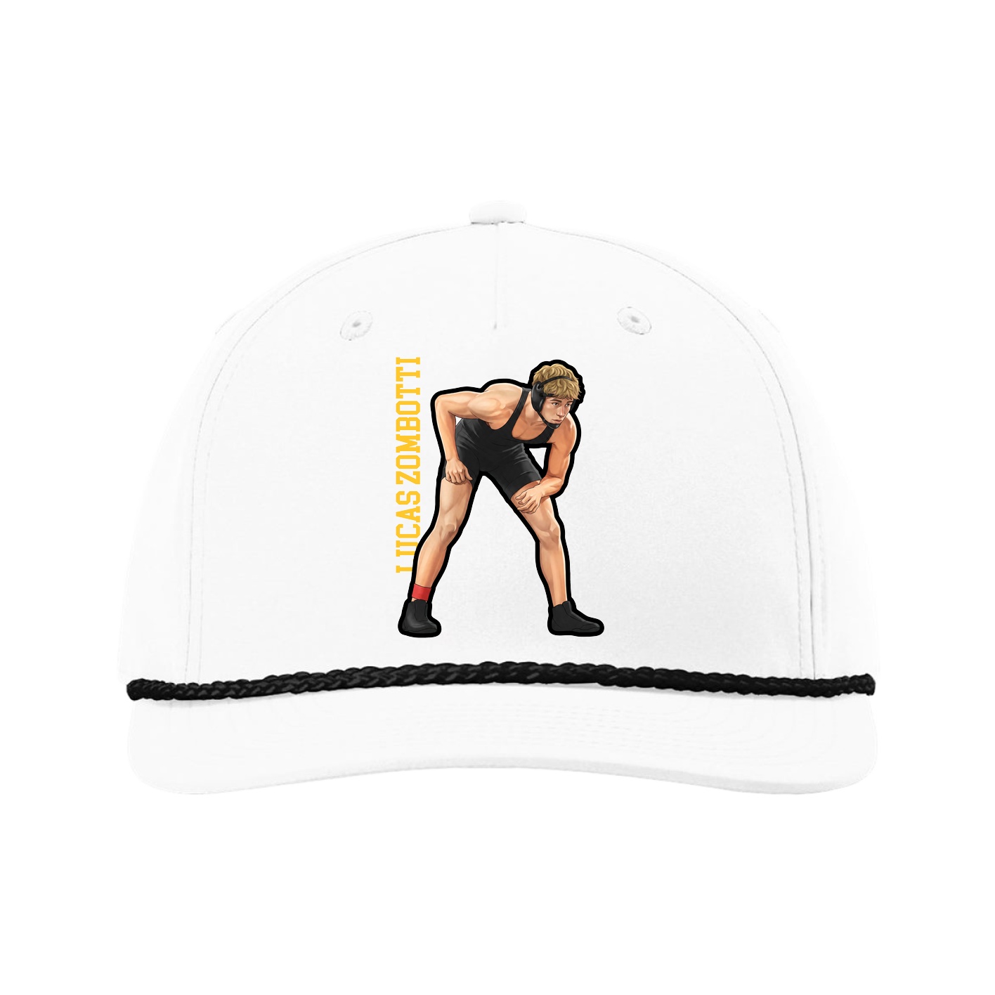 Five-Panel Classic Rope Cap — Name Vertical in White