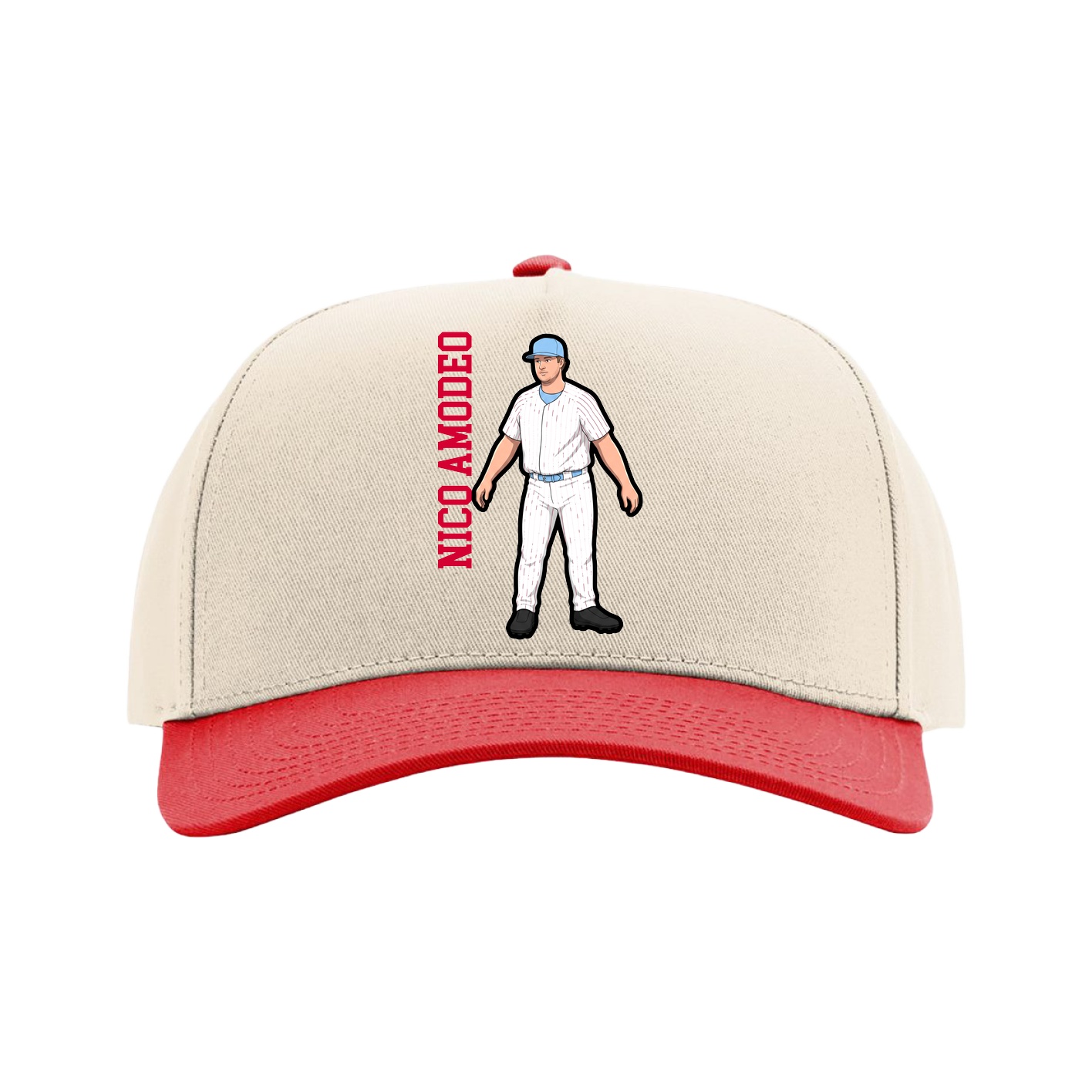 Full Fabric Five-Panel Champ Cap — Name Vertical in Cream/Red