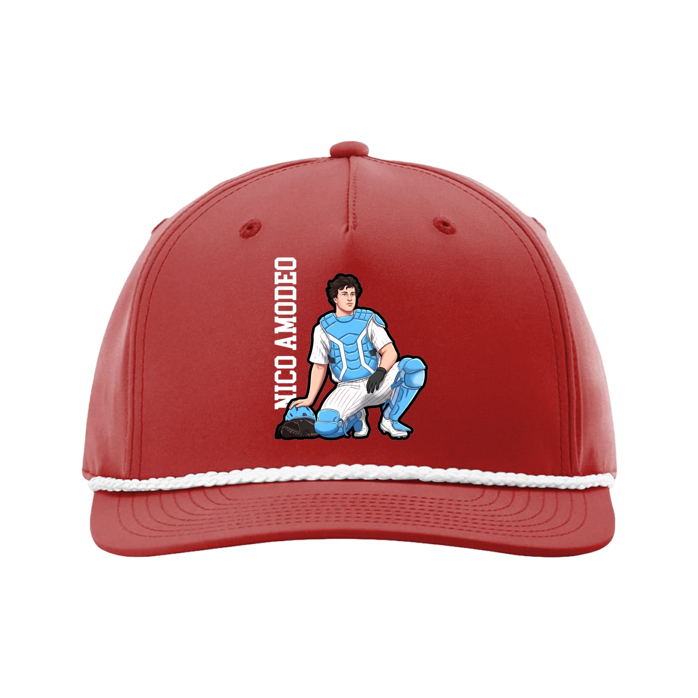 Five-Panel Classic Rope Cap — Name Vertical in Red