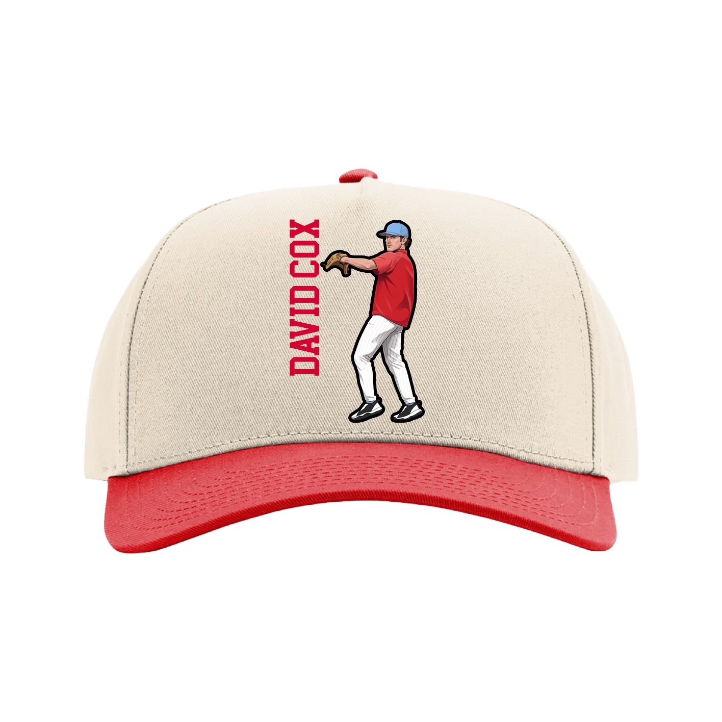 Full Fabric Five-Panel Champ Cap — Name Vertical in Cream/Red
