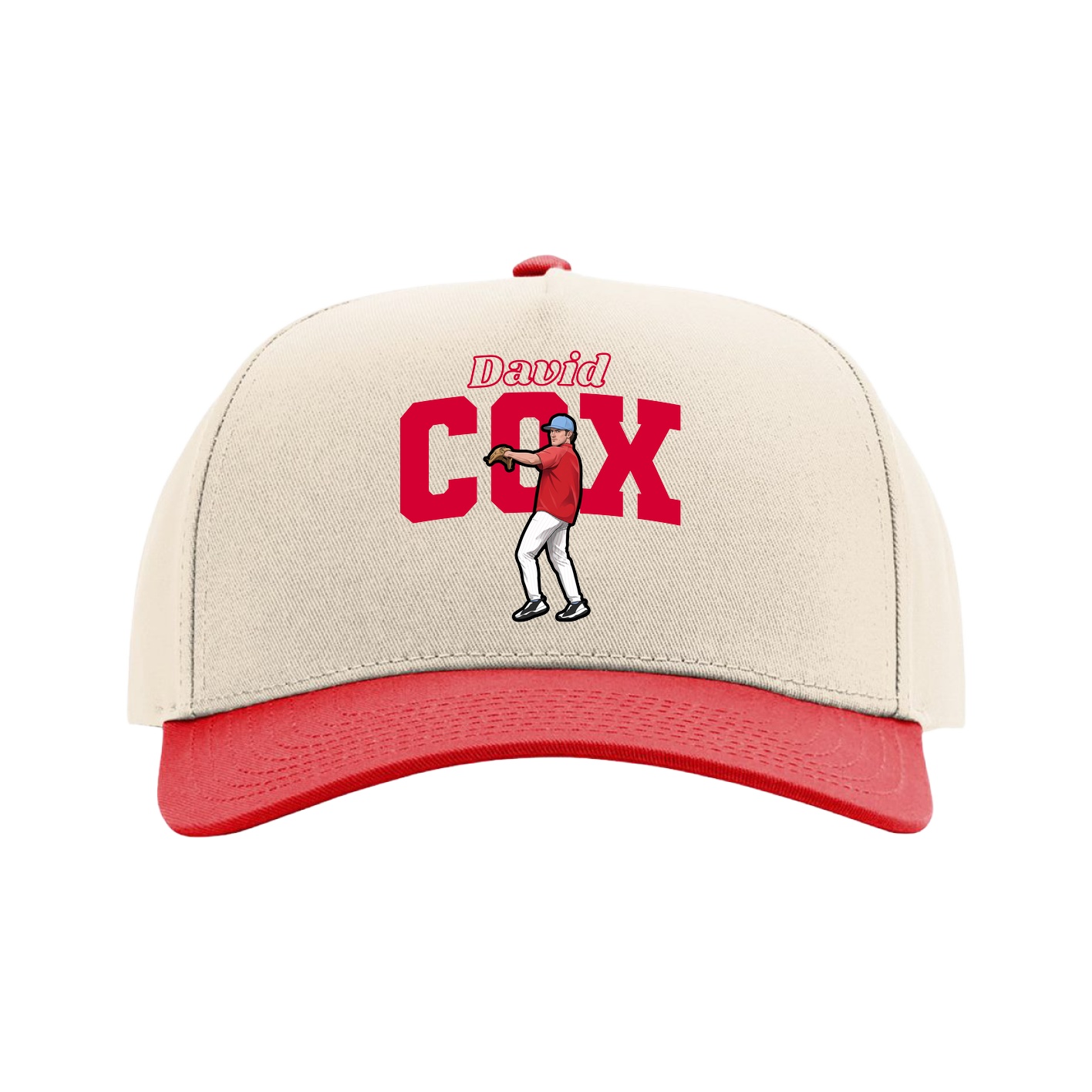 Full Fabric Five-Panel Champ Cap — Name Arch in Cream/Red