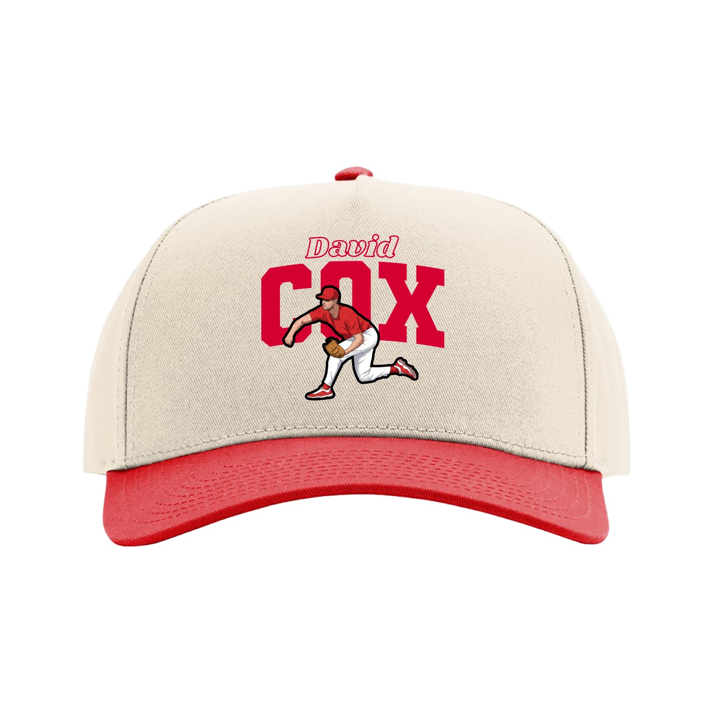 Full Fabric Five-Panel Champ Cap — Name Arch in Cream/Red