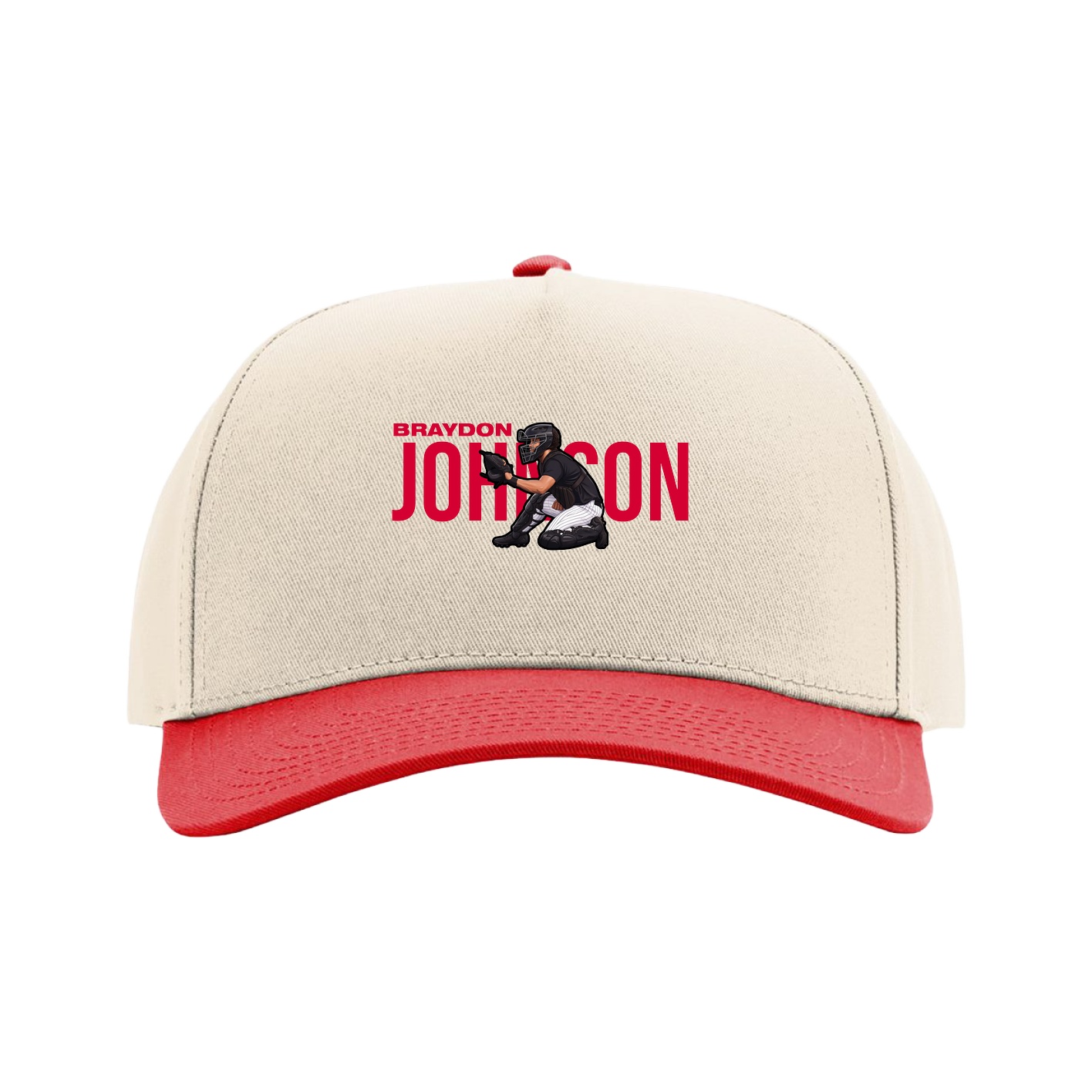 Full Fabric Five-Panel Champ Cap — Player Name in Cream/Red