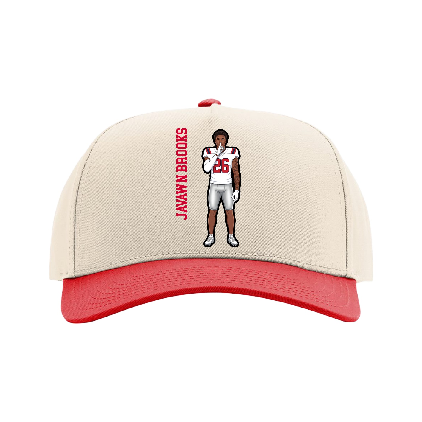 Full Fabric Five-Panel Champ Cap — Name Vertical in Cream/Red