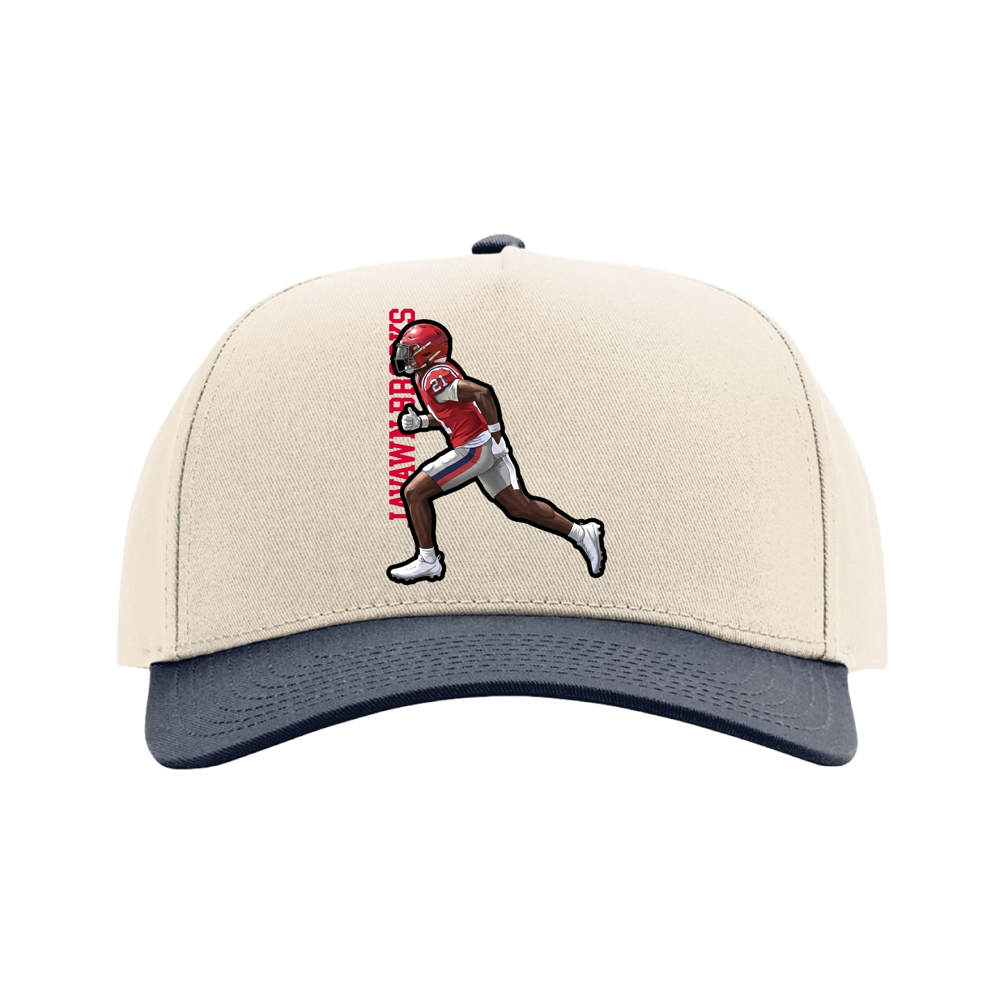 Full Fabric Five-Panel Champ Cap — Name Vertical in Cream/Navy