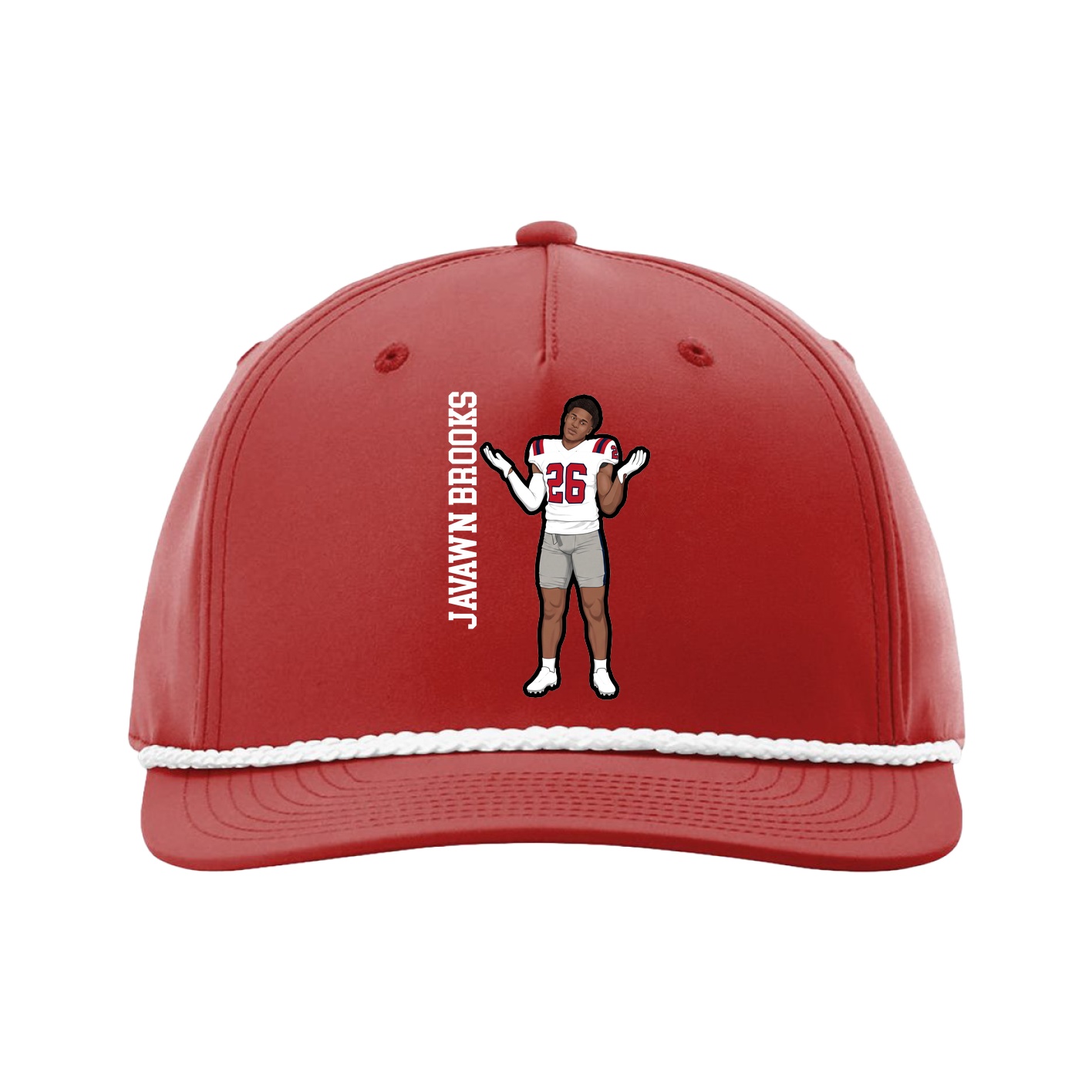 Five-Panel Classic Rope Cap — Name Vertical in Red