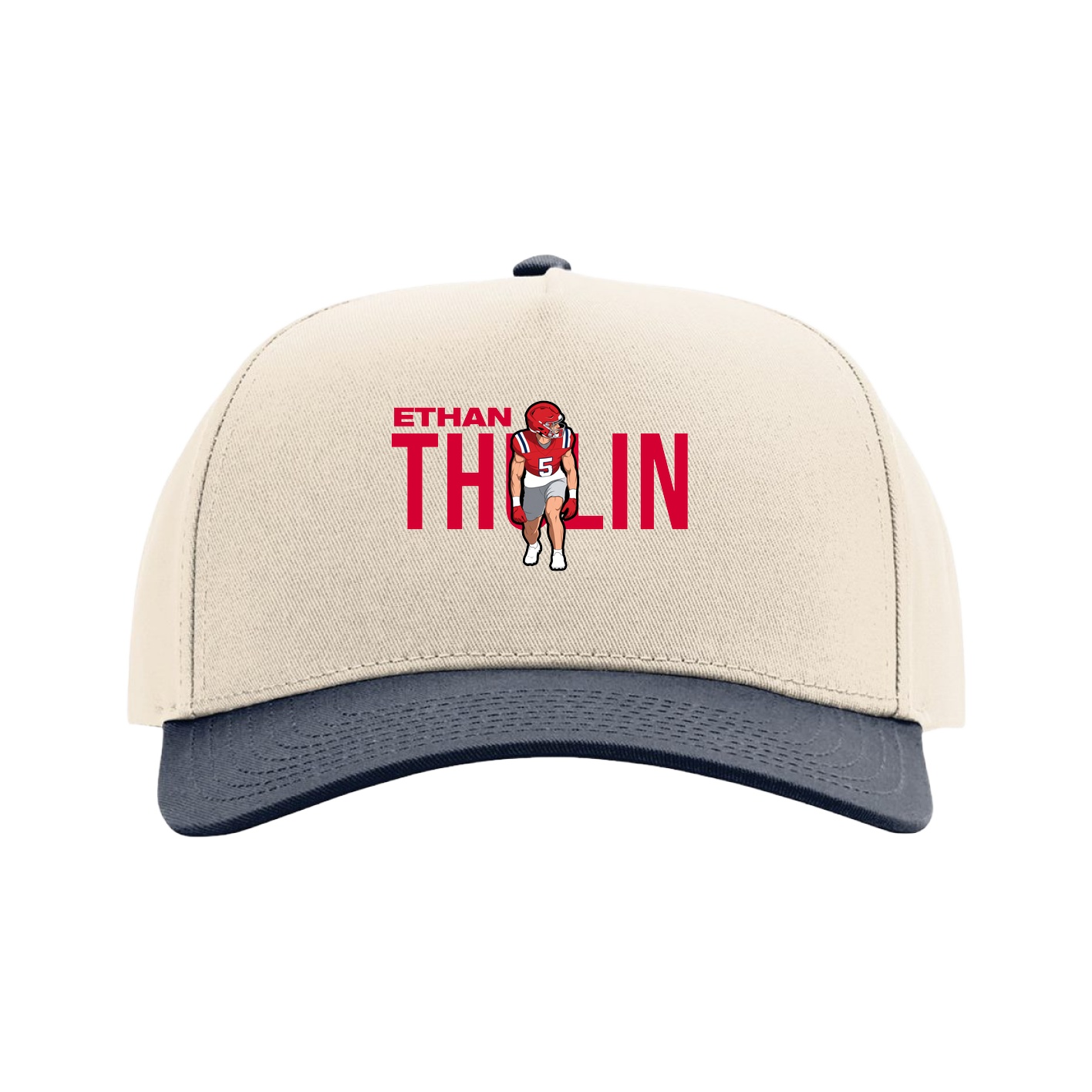 Full Fabric Five-Panel Champ Cap — Player Name in Cream/Navy