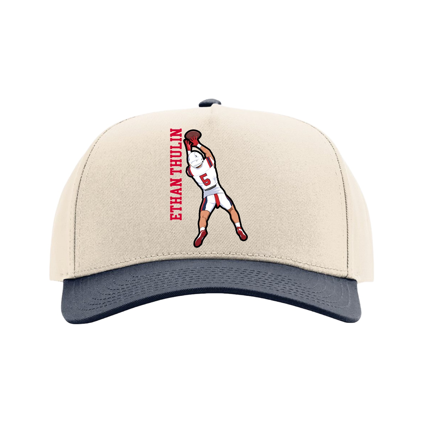 Full Fabric Five-Panel Champ Cap — Name Vertical in Cream/Navy