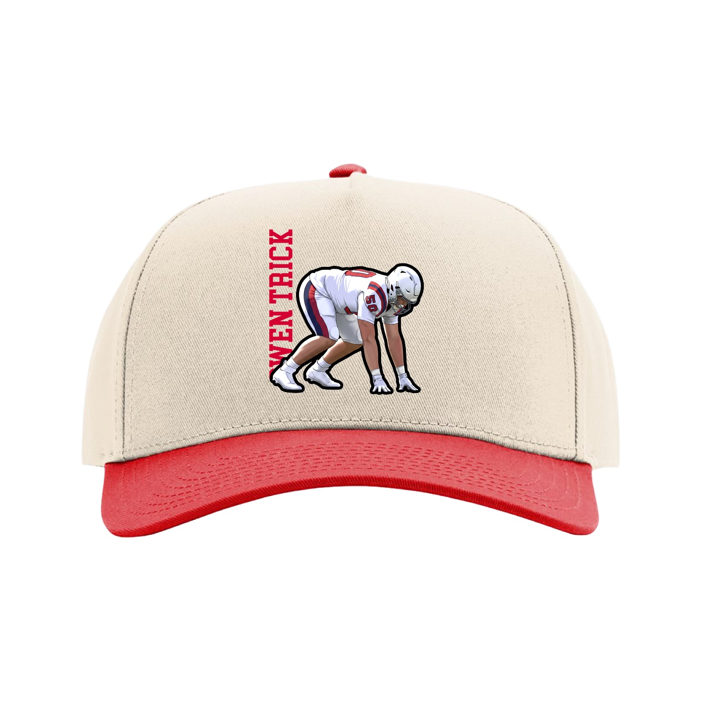 Full Fabric Five-Panel Champ Cap — Name Vertical in Cream/Red