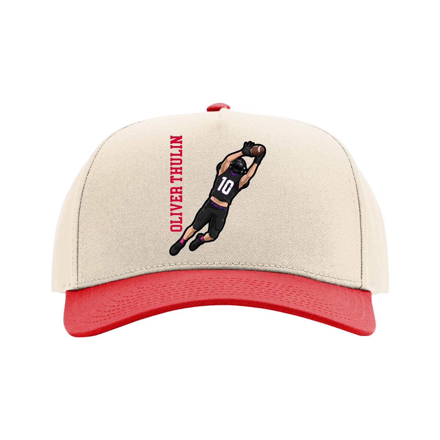 Full Fabric Five-Panel Champ Cap — Name Vertical in Cream/Red