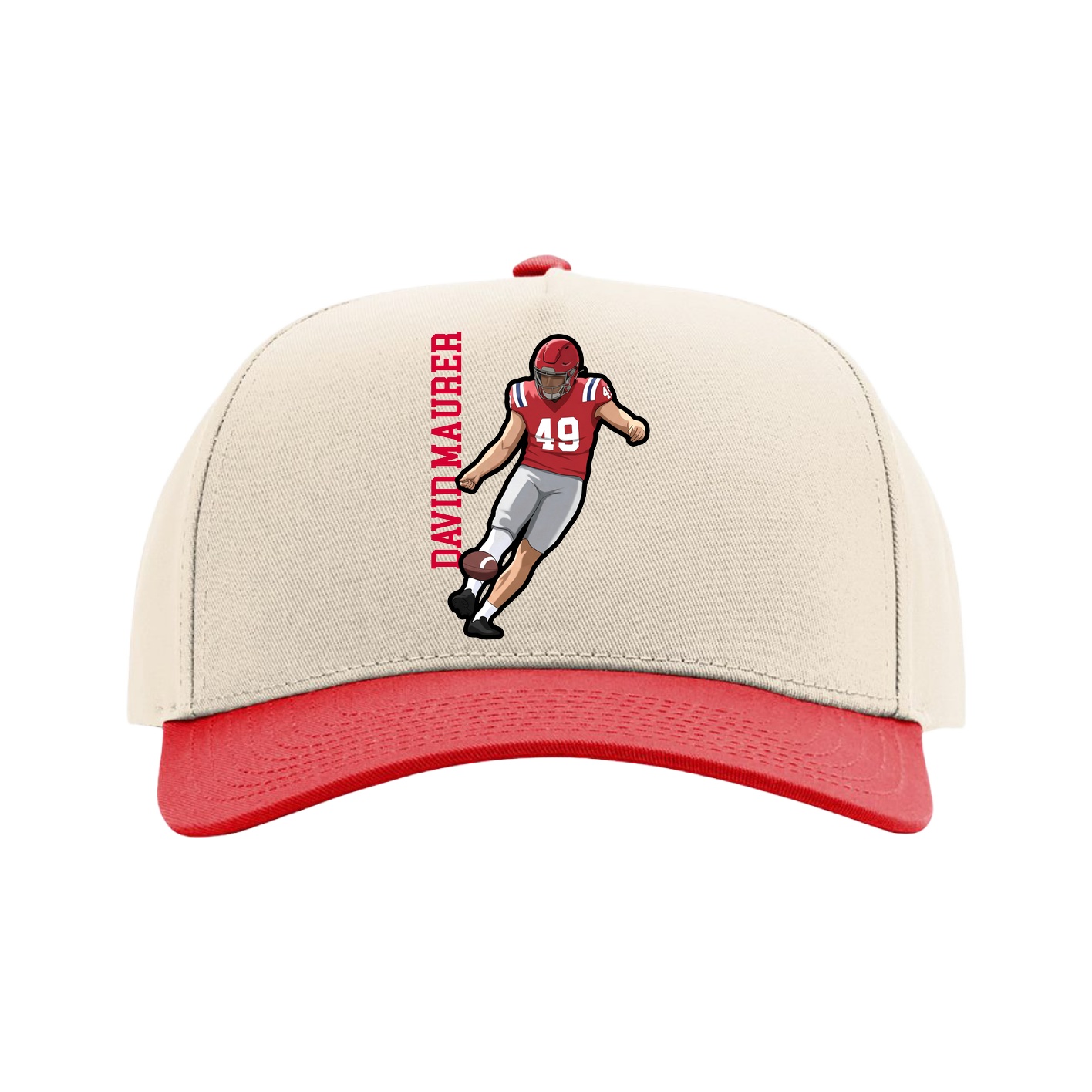 Full Fabric Five-Panel Champ Cap — Name Vertical in Cream/Red