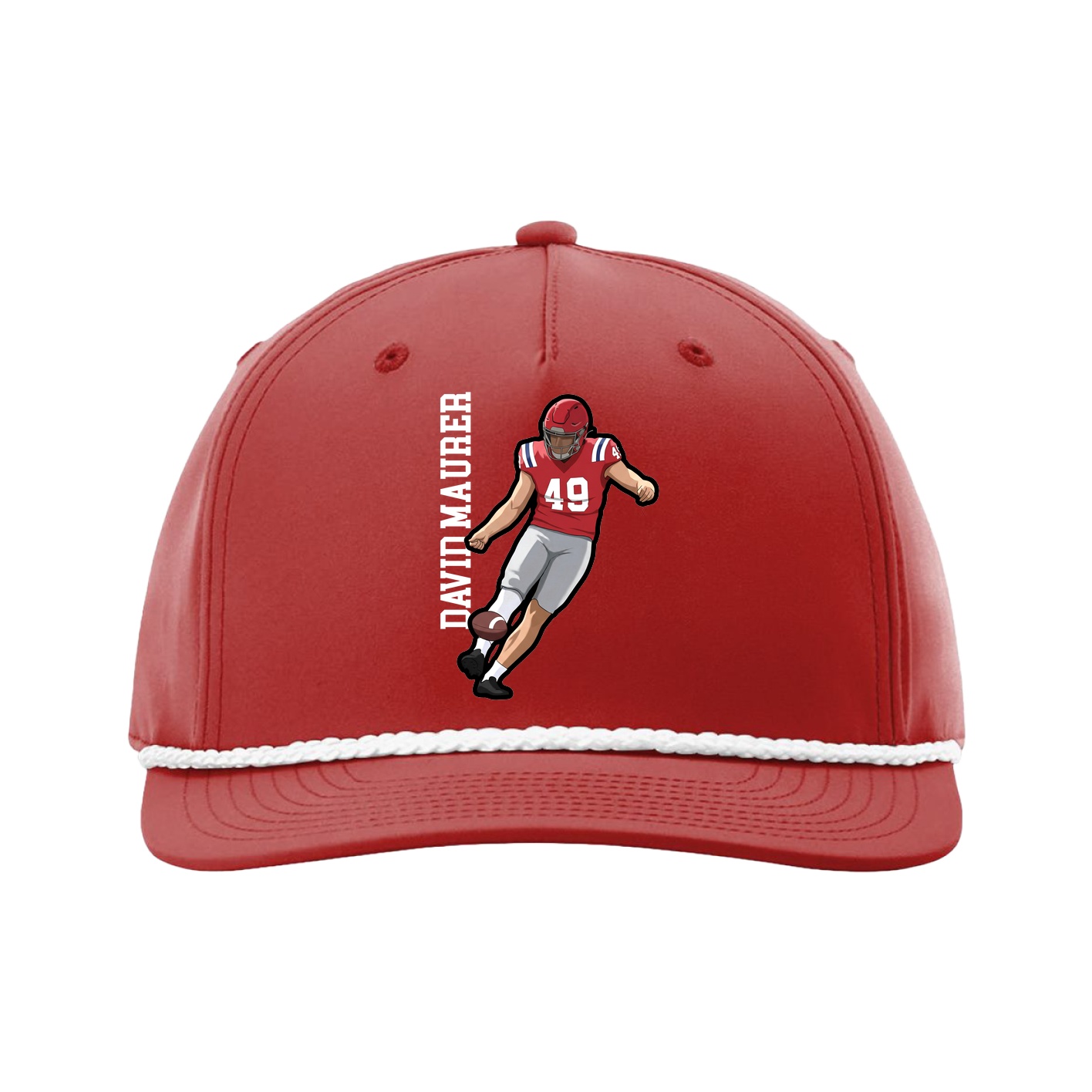 Five-Panel Classic Rope Cap — Name Vertical in Red