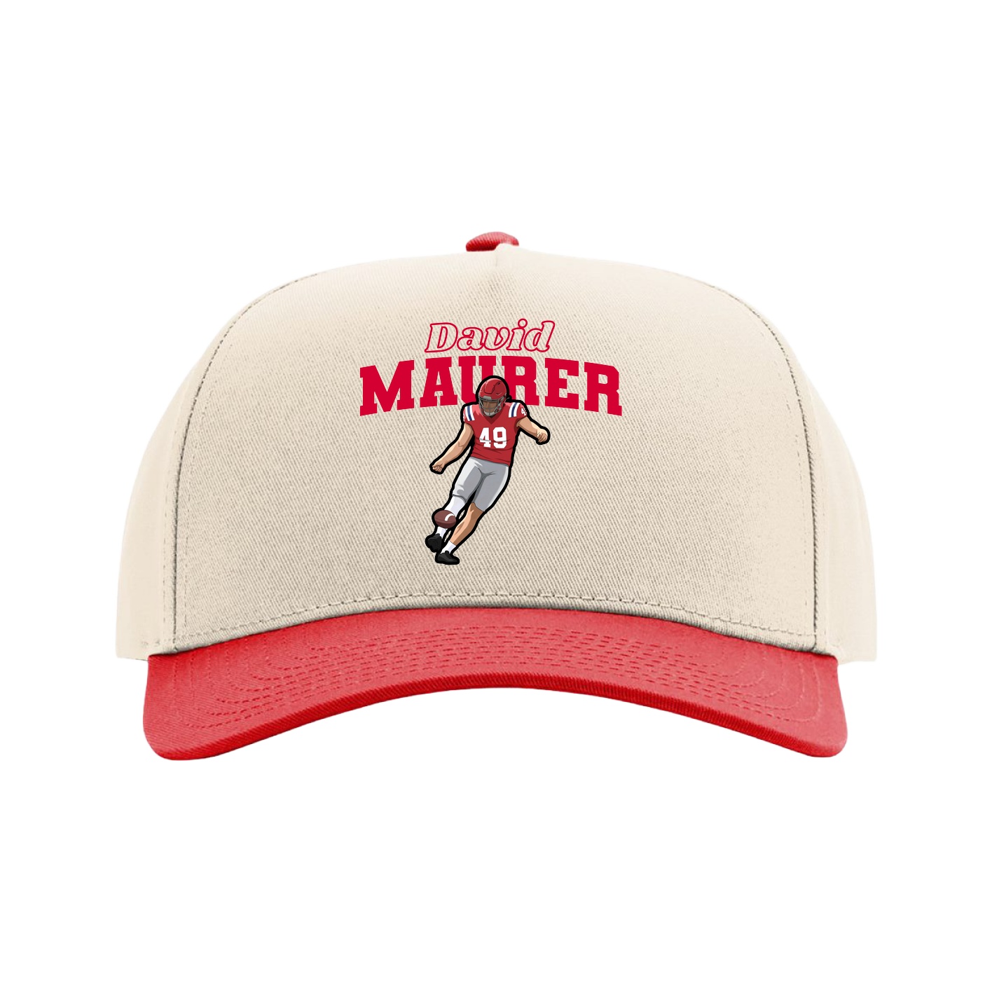 Full Fabric Five-Panel Champ Cap — Name Arch in Cream/Red