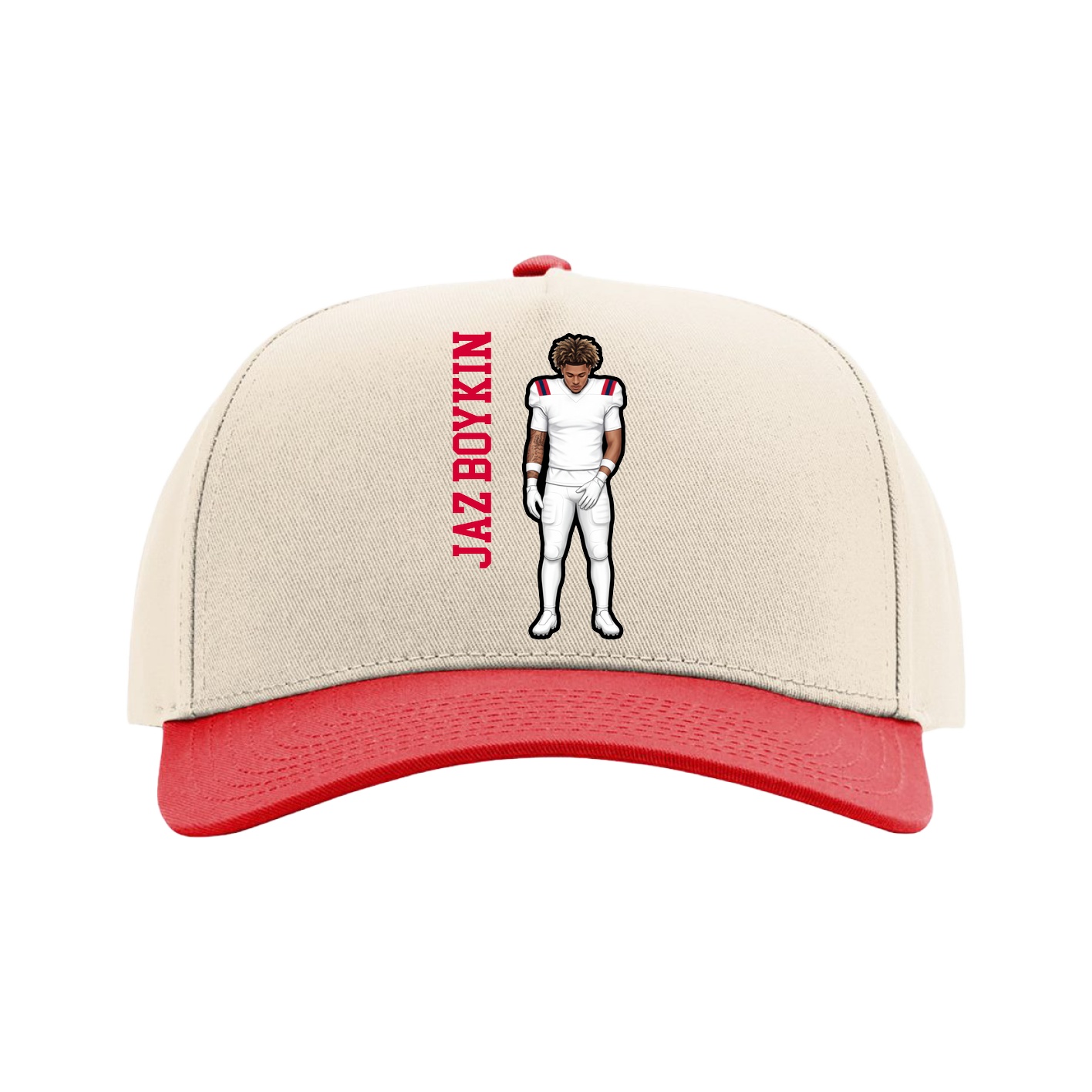 Full Fabric Five-Panel Champ Cap — Name Vertical in Cream/Red