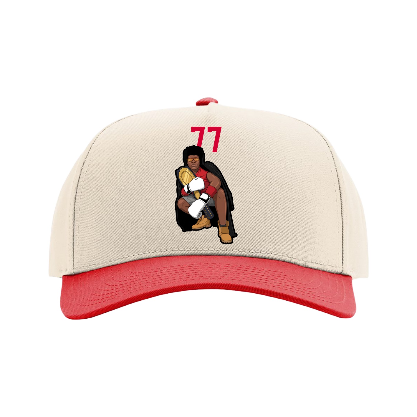 Full Fabric Five-Panel Champ Cap — Number Top in Cream/Red