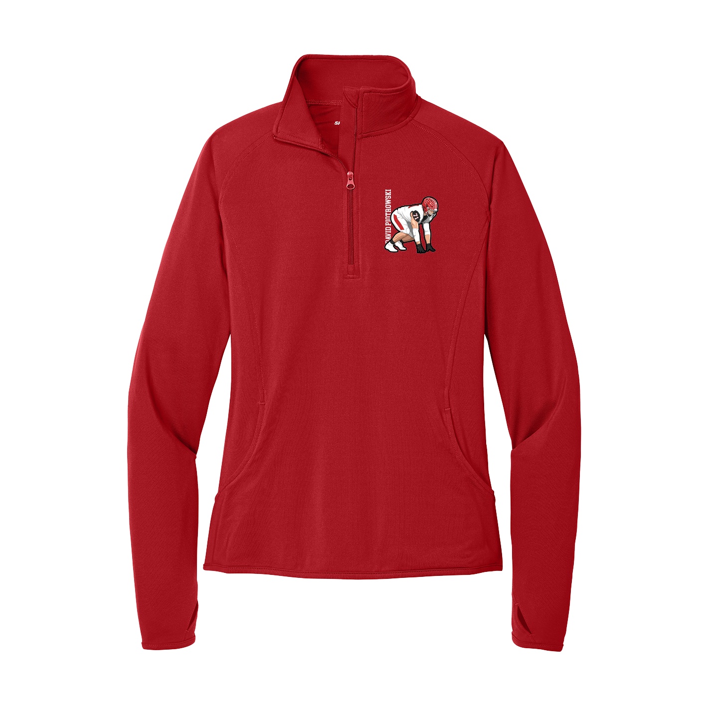 Women's Q-Zip Pullover — Name Vertical in Red