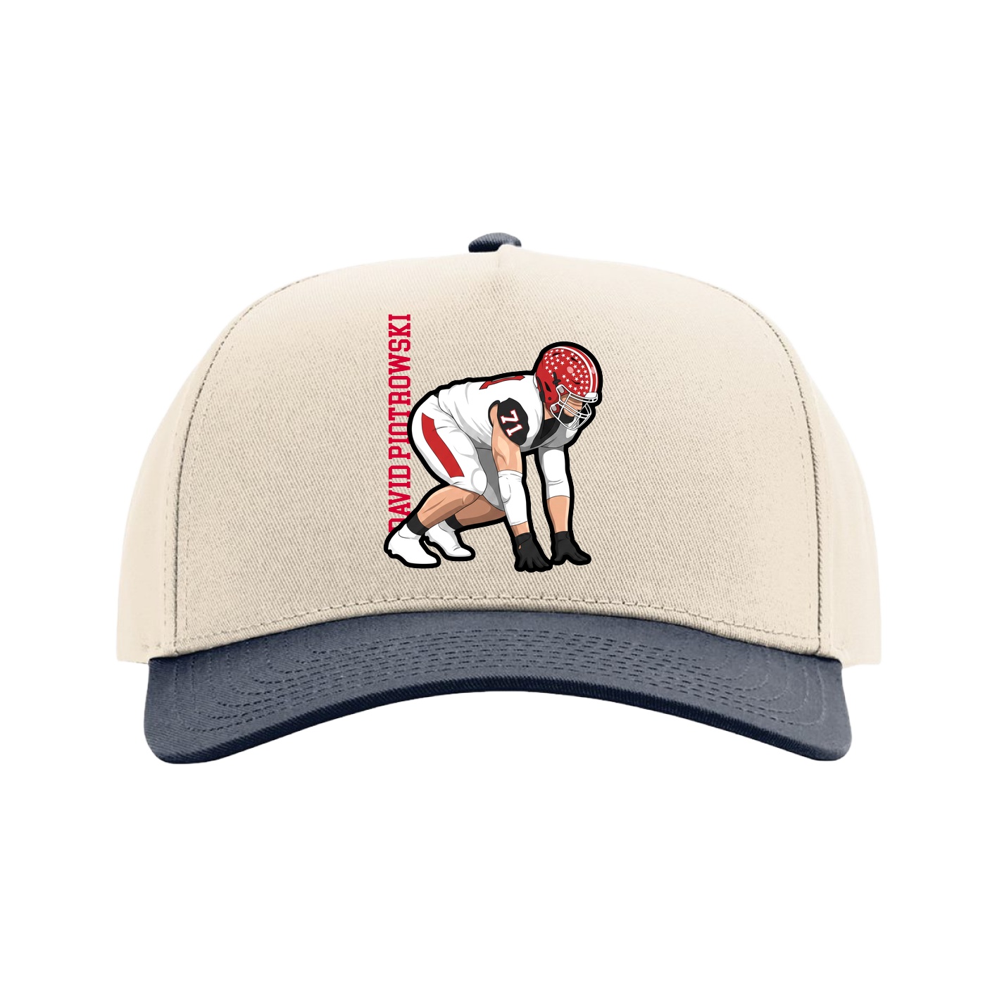 Full Fabric Five-Panel Champ Cap — Name Vertical in Cream/Navy