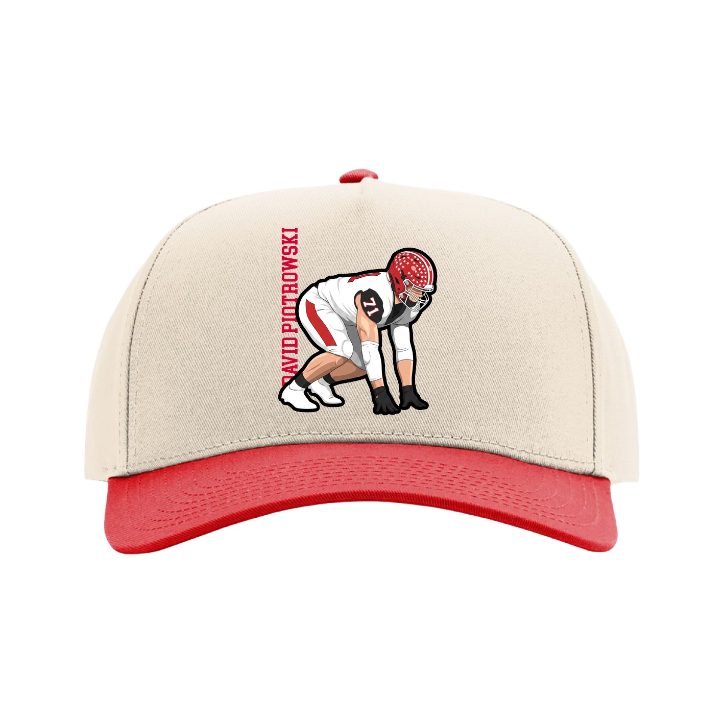 Full Fabric Five-Panel Champ Cap — Name Vertical in Cream/Red