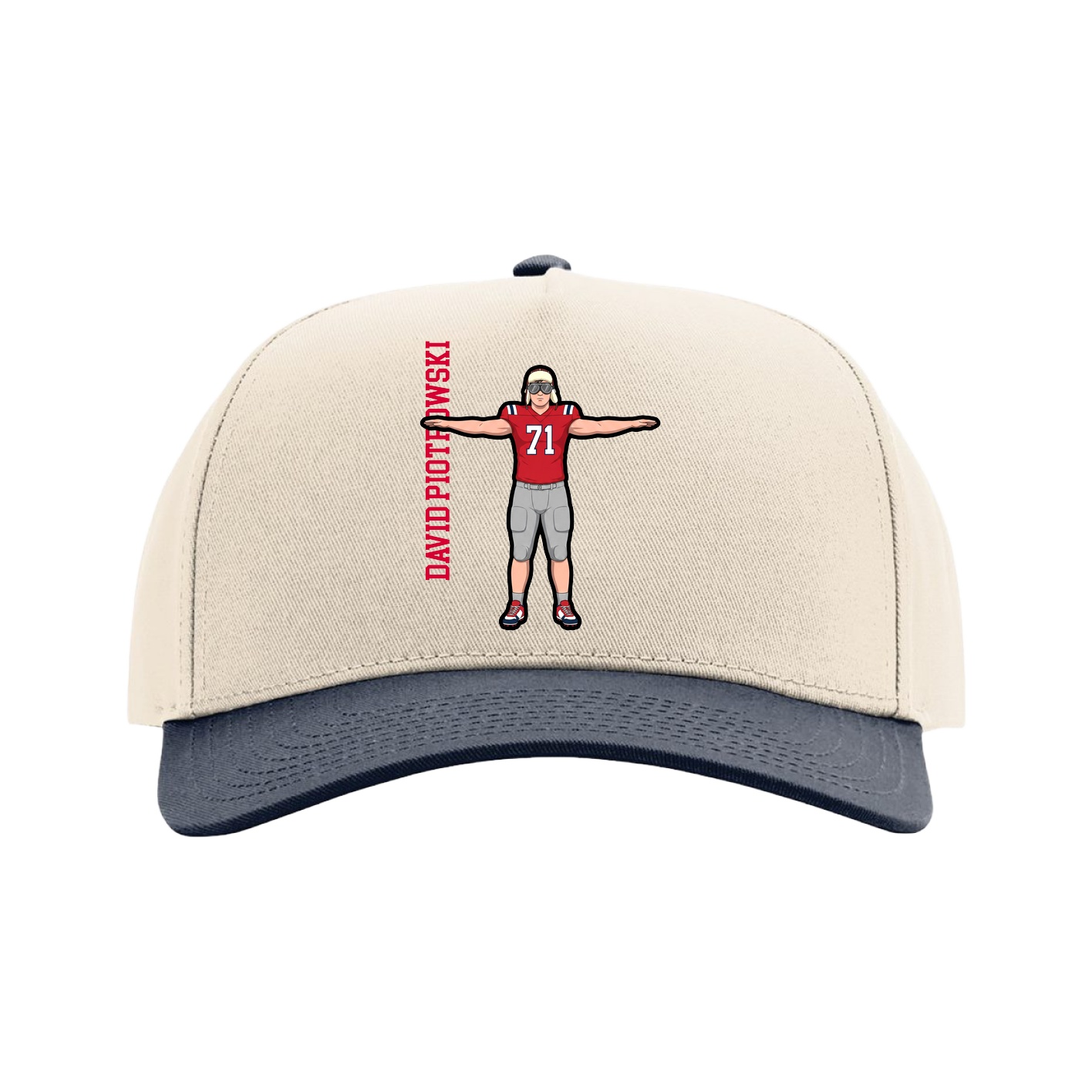 Full Fabric Five-Panel Champ Cap — Name Vertical in Cream/Navy