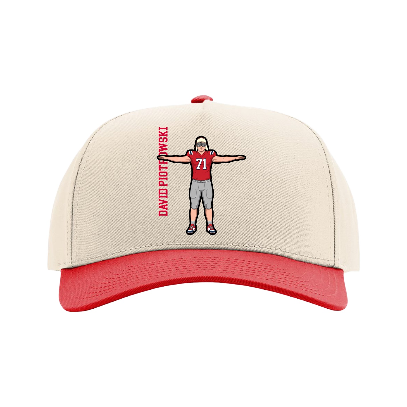 Full Fabric Five-Panel Champ Cap — Name Vertical in Cream/Red