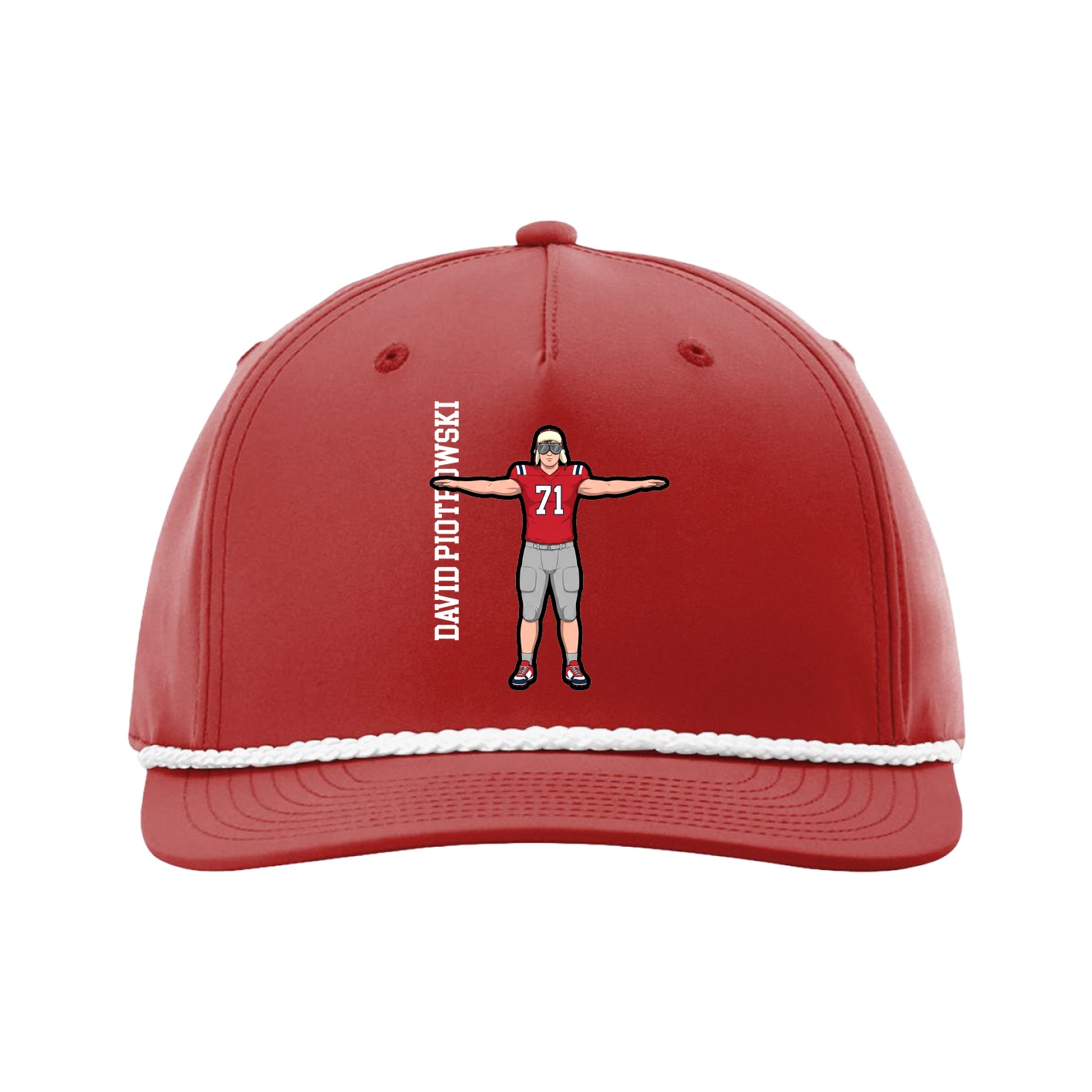 Five-Panel Classic Rope Cap — Name Vertical in Red