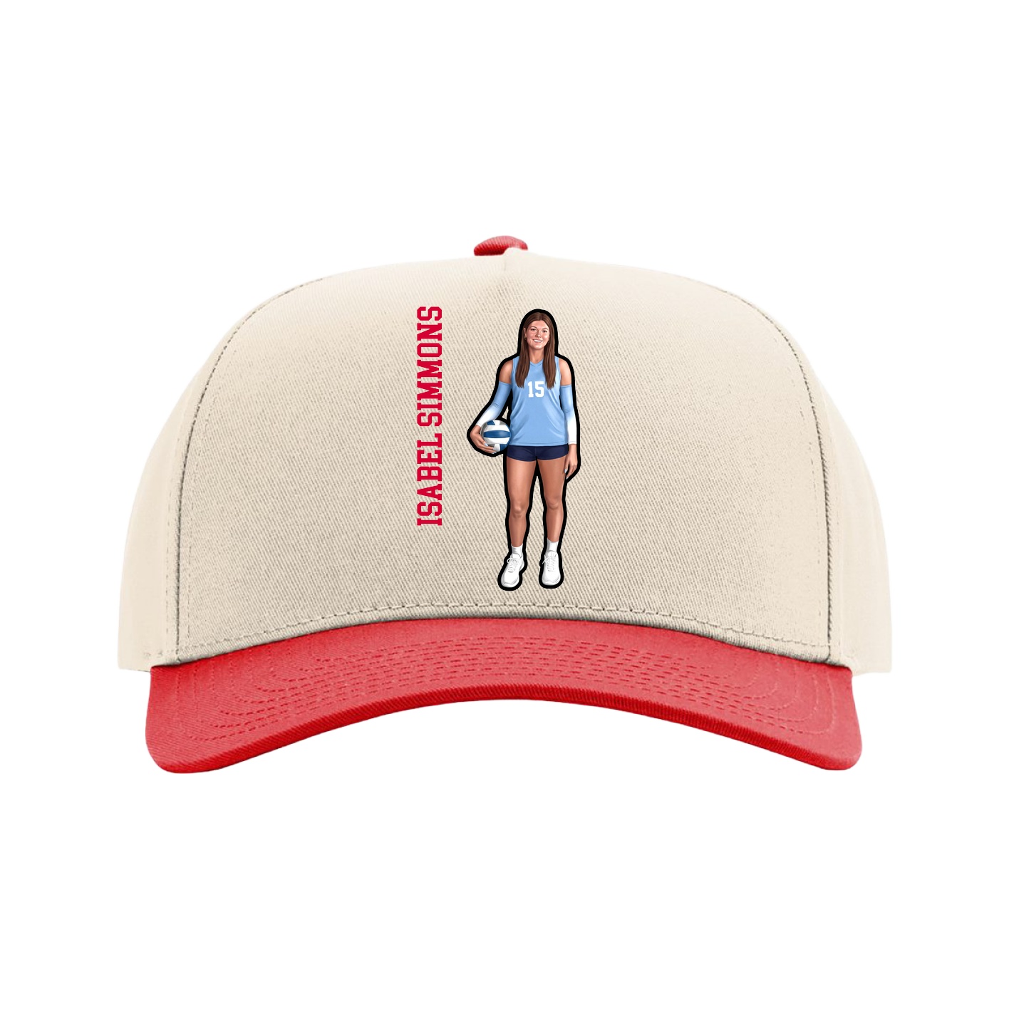 Full Fabric Five-Panel Champ Cap — Name Vertical in Cream/Red