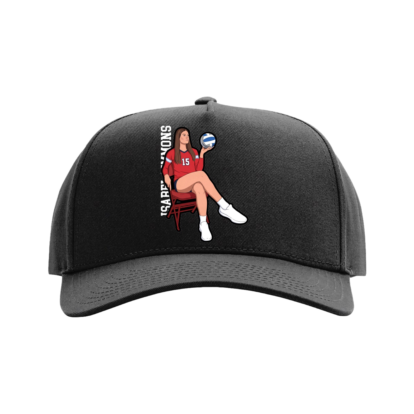 Full Fabric Five-Panel Champ Cap — Name Vertical in Black