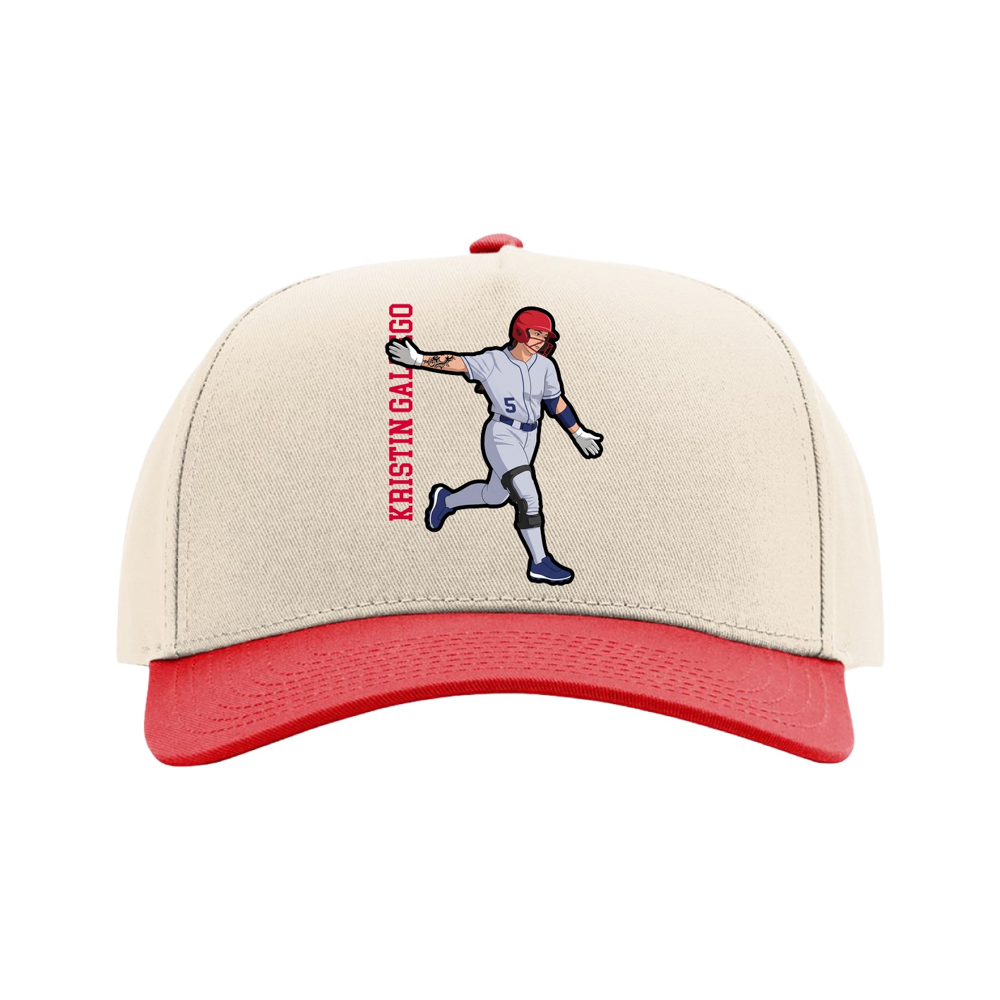 Full Fabric Five-Panel Champ Cap — Name Vertical in Cream/Red
