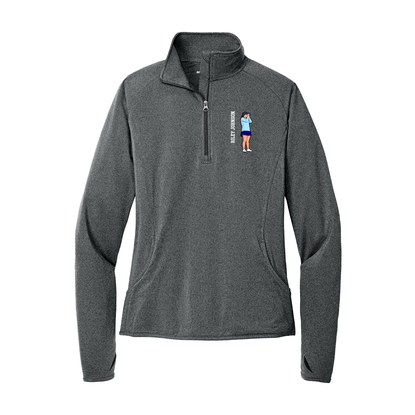 Women's Q-Zip Pullover — Name Vertical in Grey