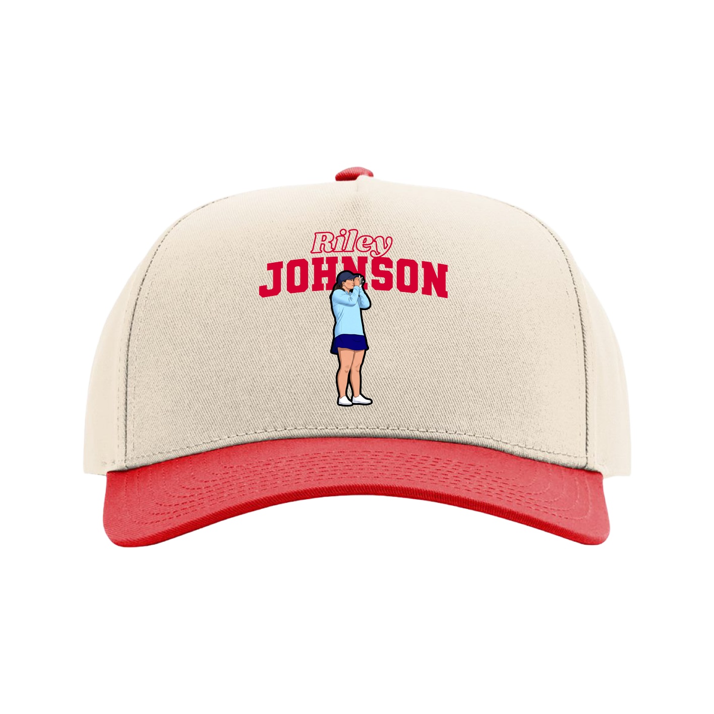 Full Fabric Five-Panel Champ Cap — Name Arch in Cream/Red