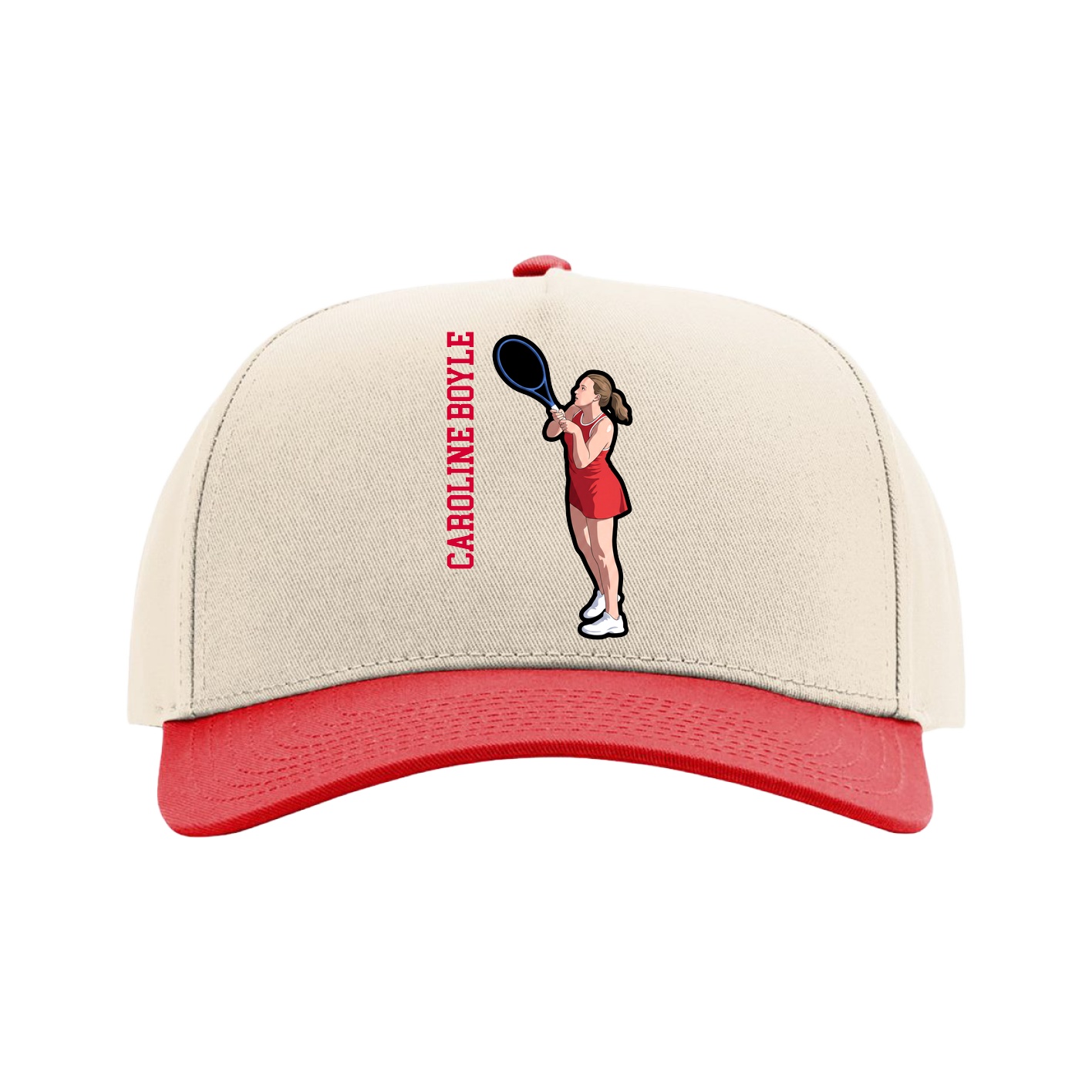 Full Fabric Five-Panel Champ Cap — Name Vertical in Cream/Red
