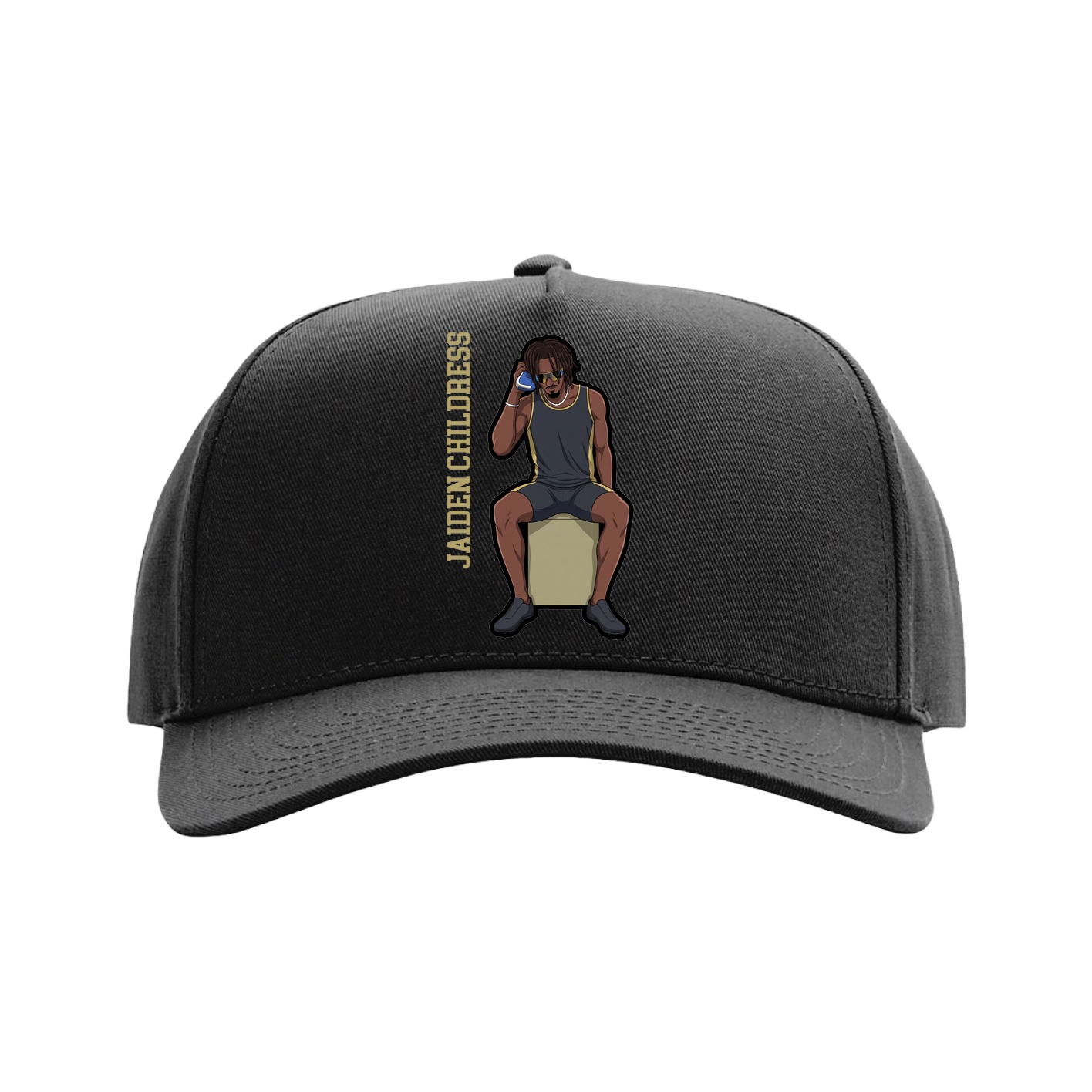 Full Fabric Five-Panel Champ Cap — Name Vertical in Black