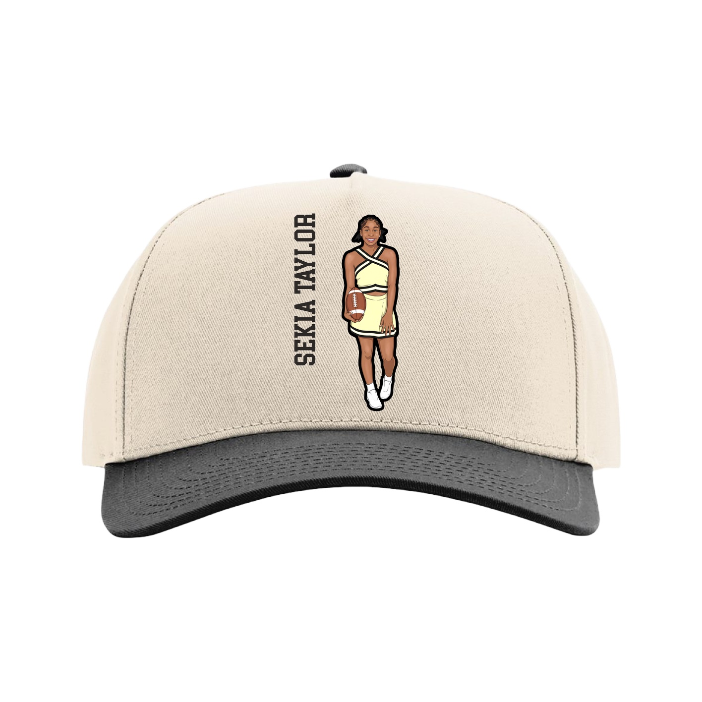 Full Fabric Five-Panel Champ Cap — Name Vertical in Cream/Black