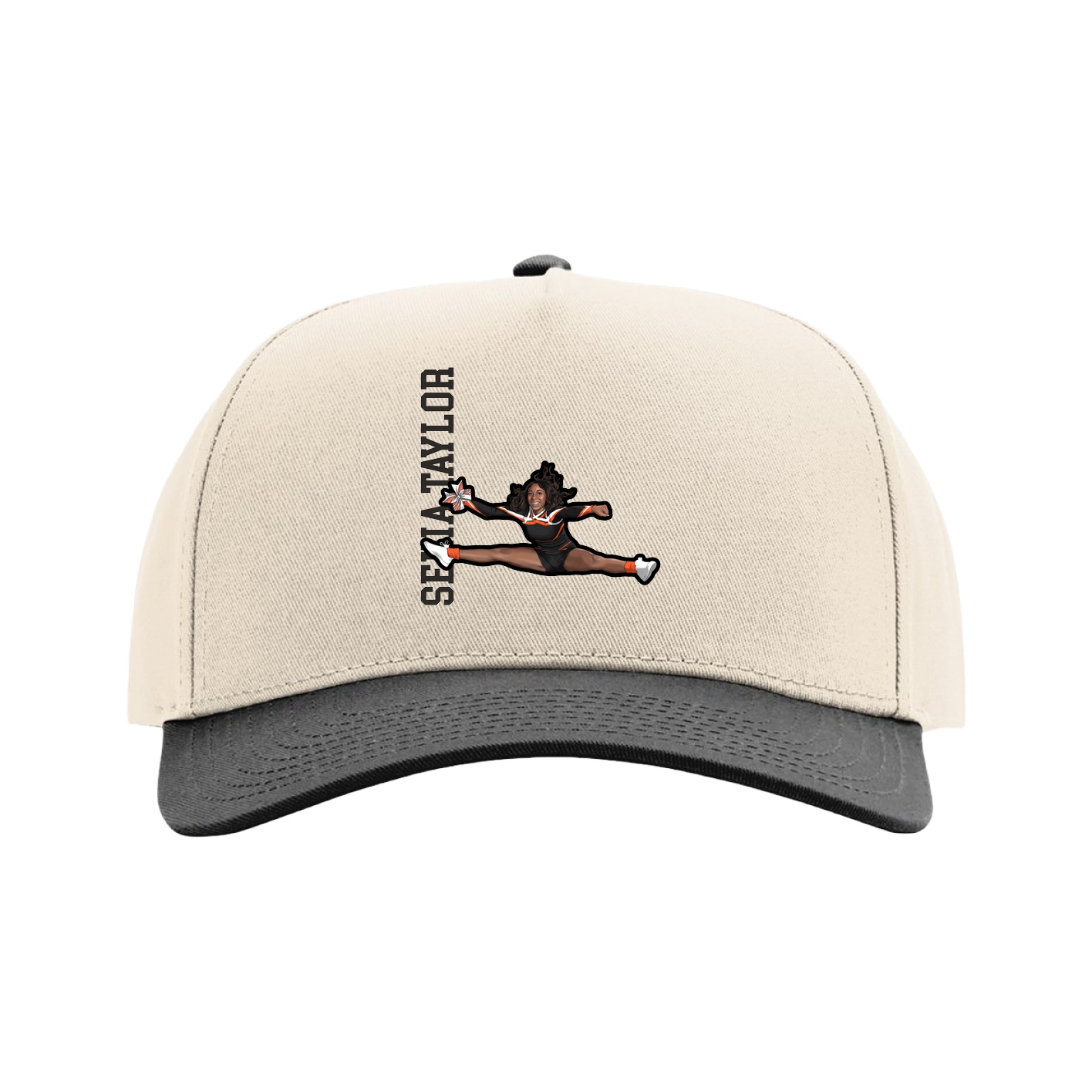 Full Fabric Five-Panel Champ Cap — Name Vertical in Cream/Black