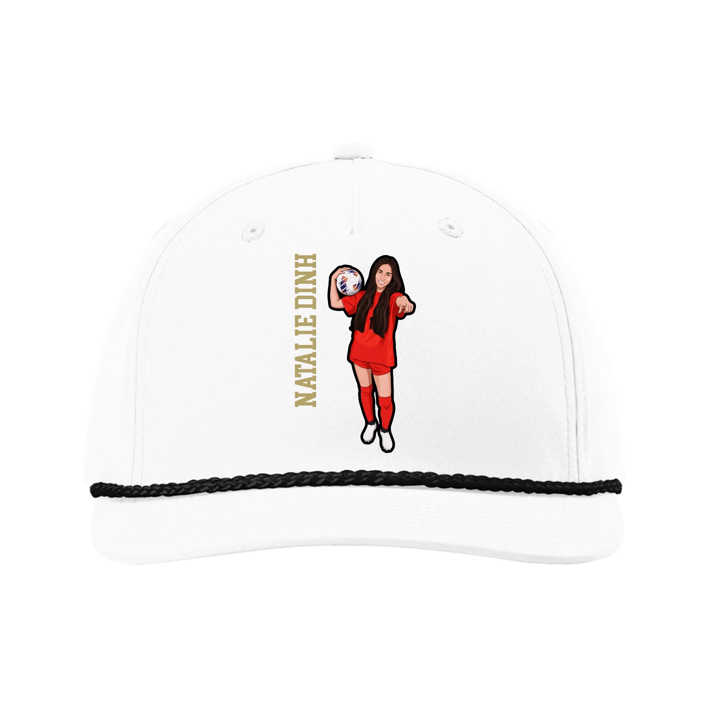 Five-Panel Classic Rope Cap — Name Vertical in White