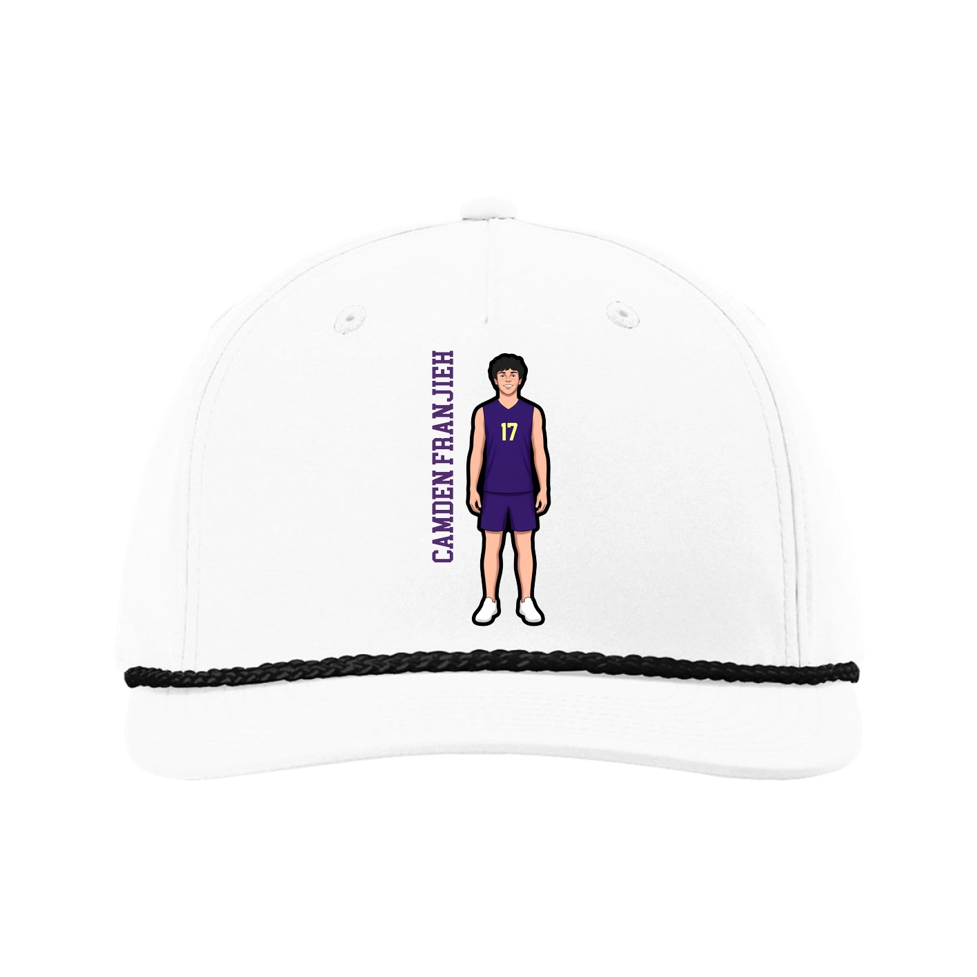Five-Panel Classic Rope Cap — Name Vertical in White