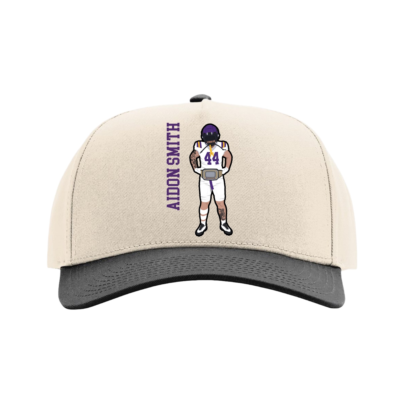 Full Fabric Five-Panel Champ Cap — Name Vertical in Cream/Black