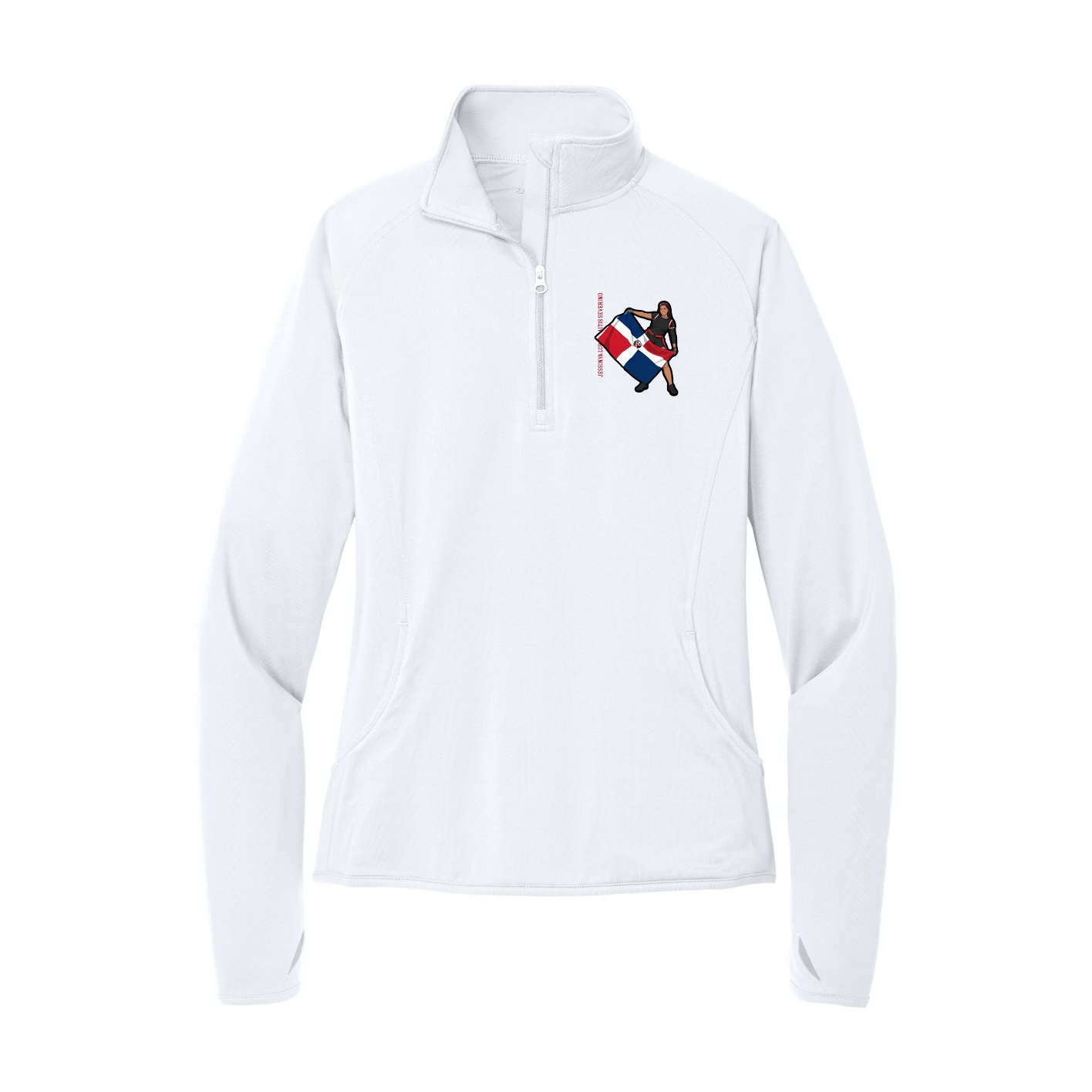 Women's Q-Zip Pullover — Name Vertical in White