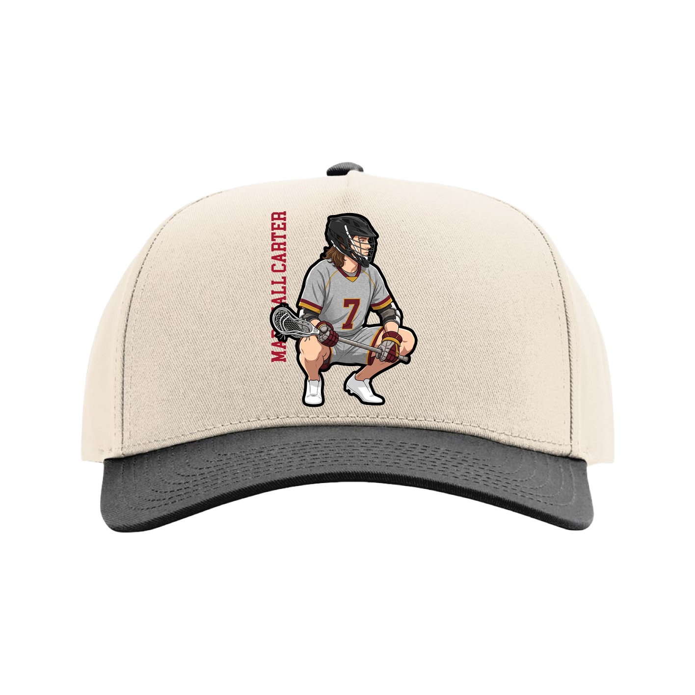 Full Fabric Five-Panel Champ Cap — Name Vertical in Cream/Black