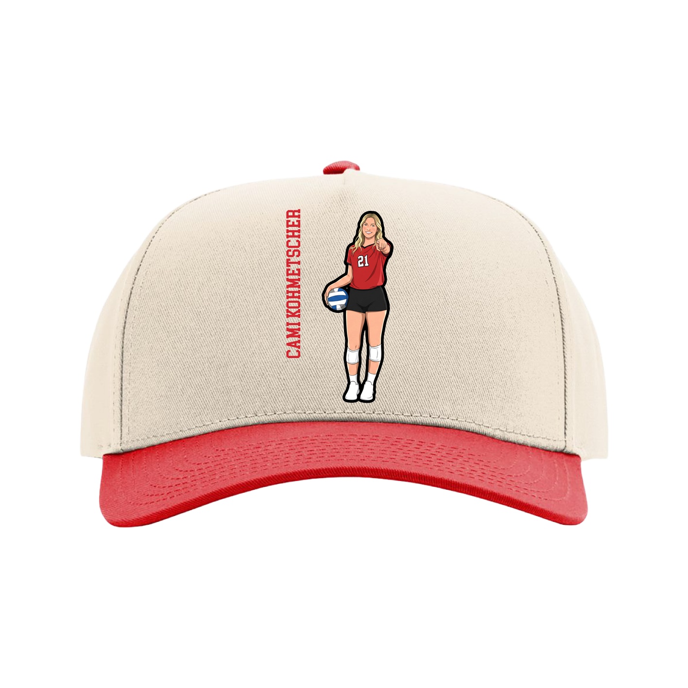 Full Fabric Five-Panel Champ Cap — Name Vertical in Cream/Red
