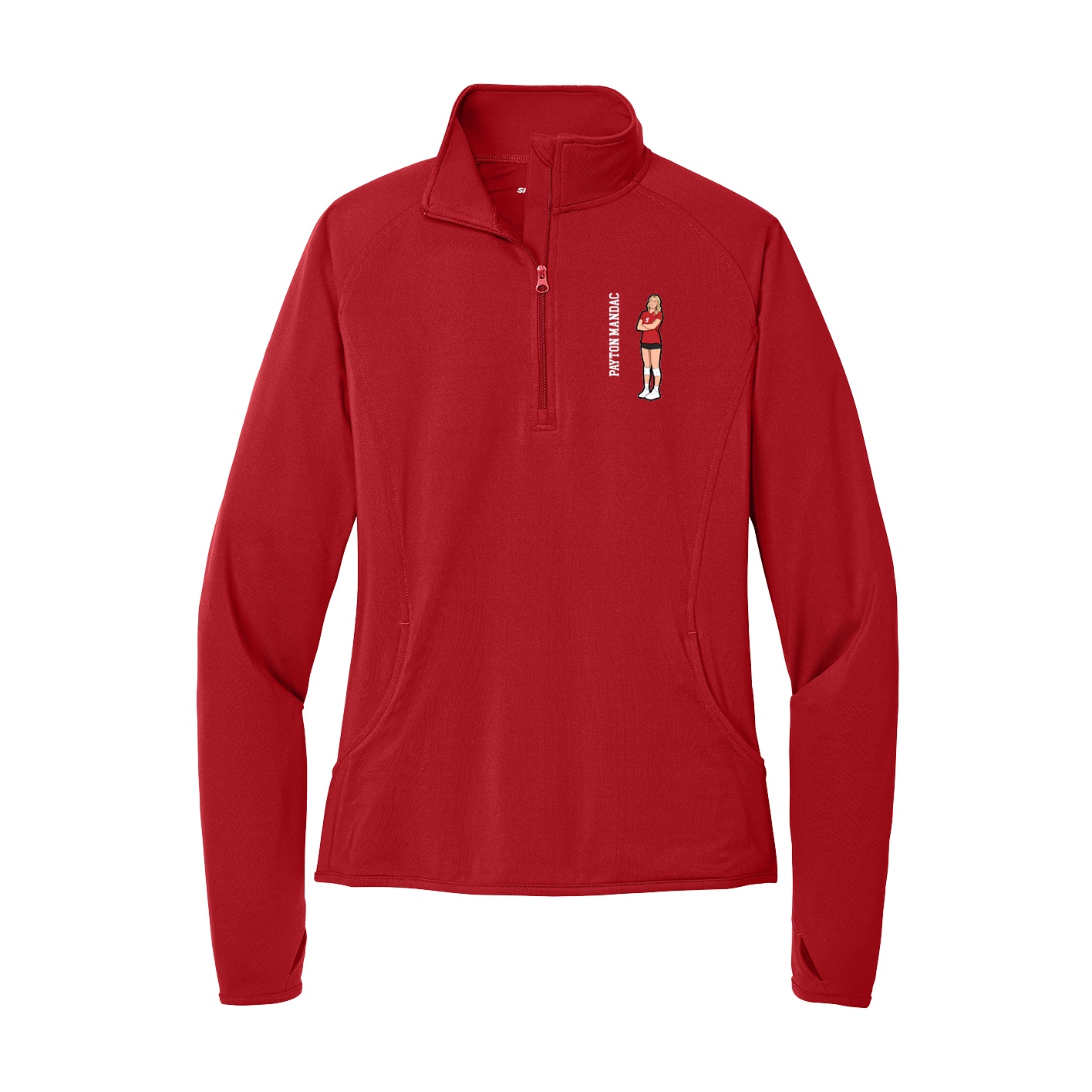 Women's Q-Zip Pullover — Name Vertical in Red