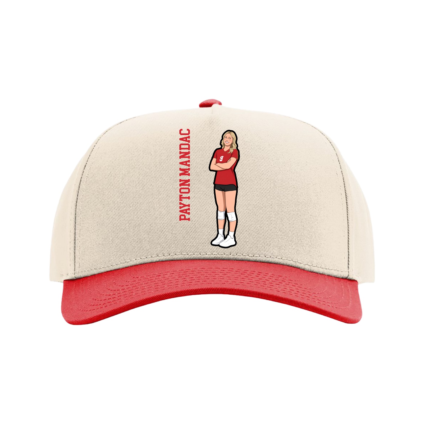 Full Fabric Five-Panel Champ Cap — Name Vertical in Cream/Red