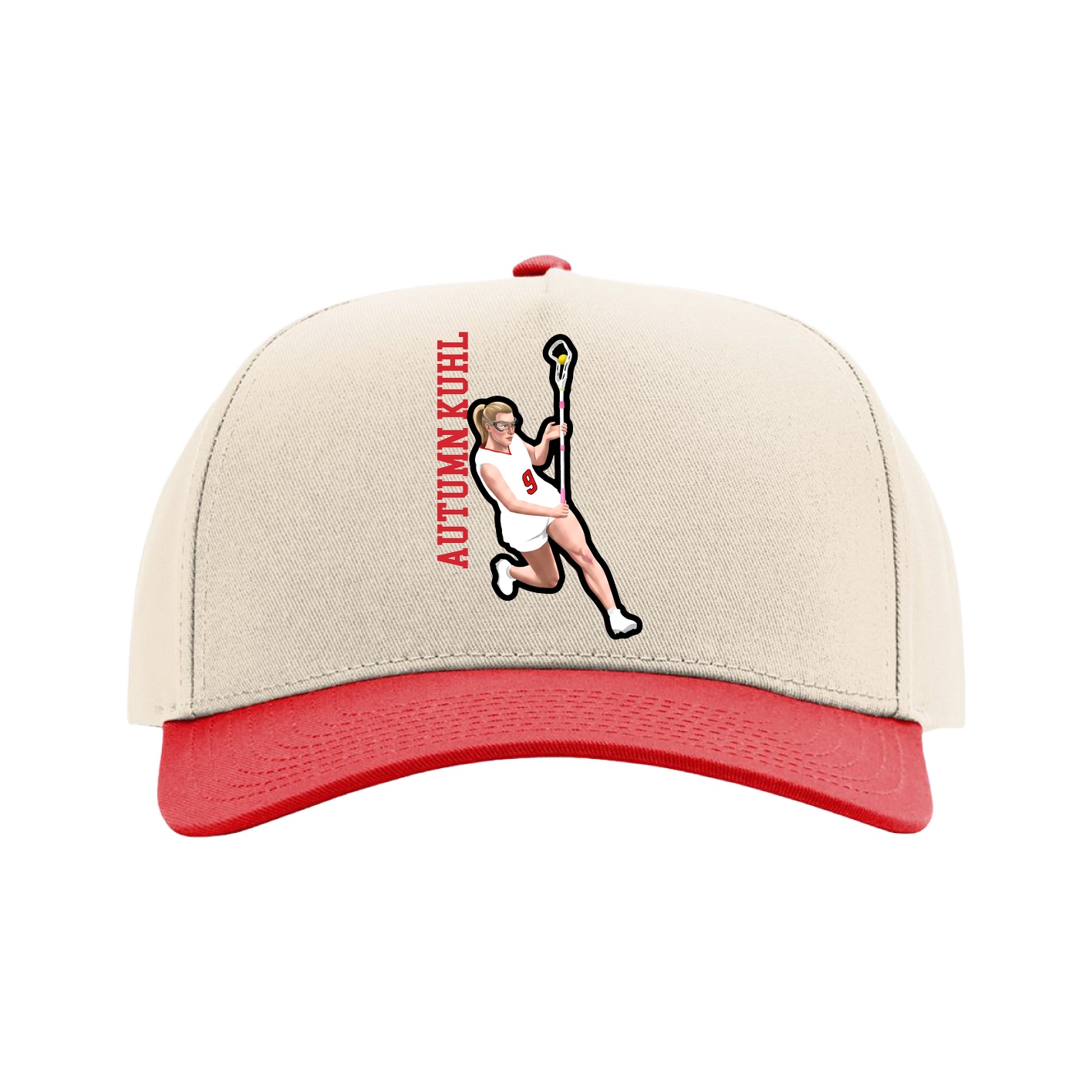Full Fabric Five-Panel Champ Cap — Name Vertical in Cream/Red