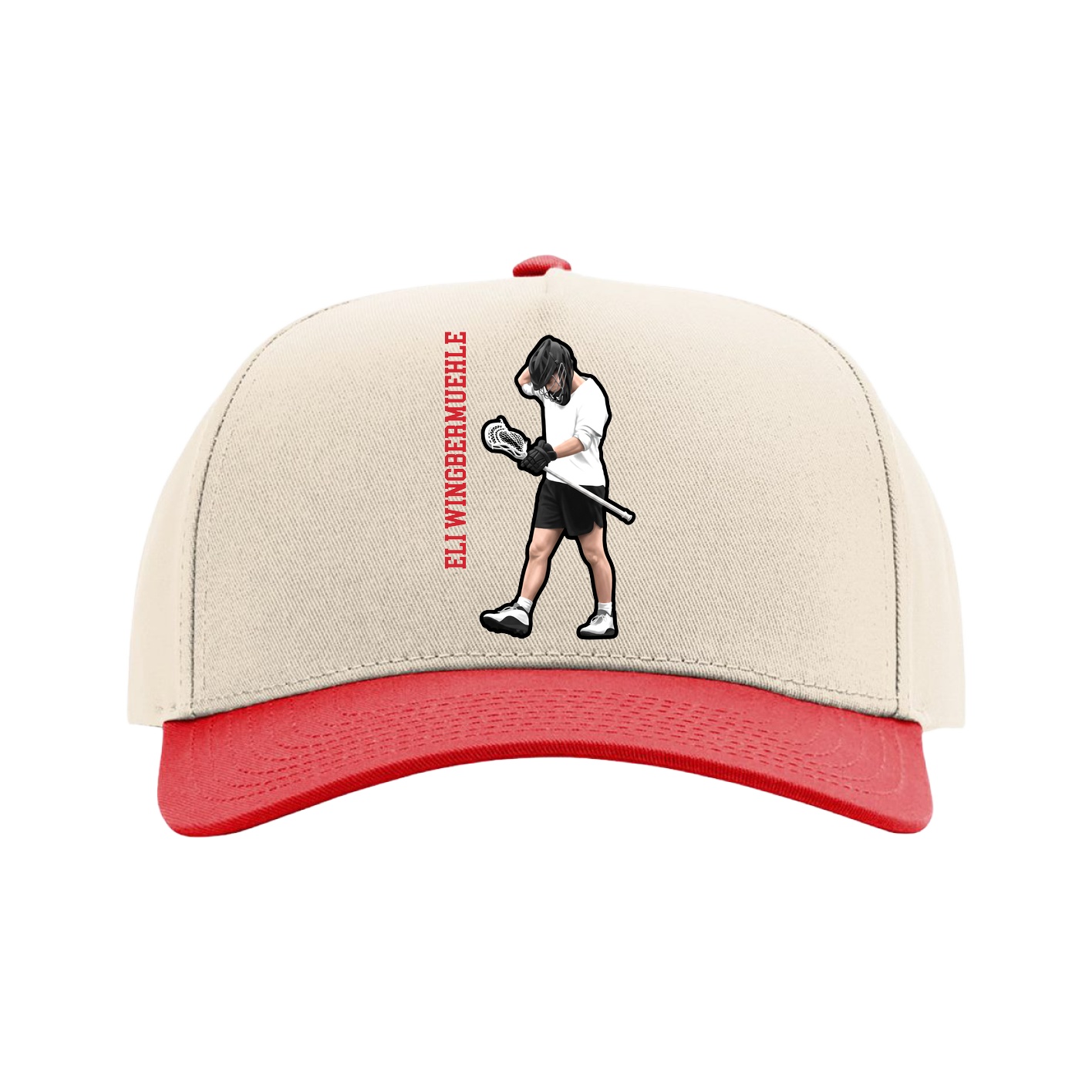Full Fabric Five-Panel Champ Cap — Name Vertical in Cream/Red